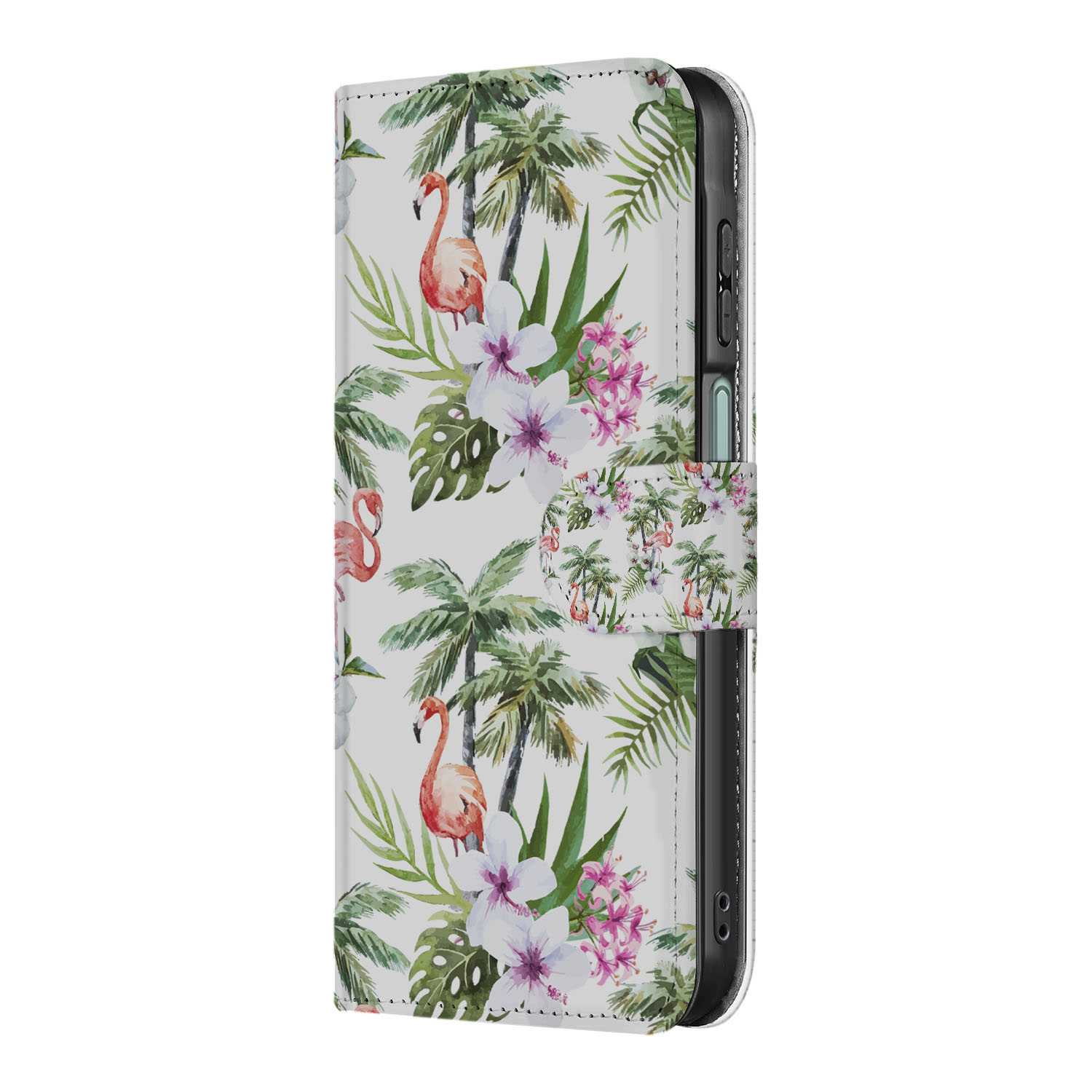 Samsung Galaxy A26 Flamingo Palms Book Case flamingo palmen design zijaanzicht