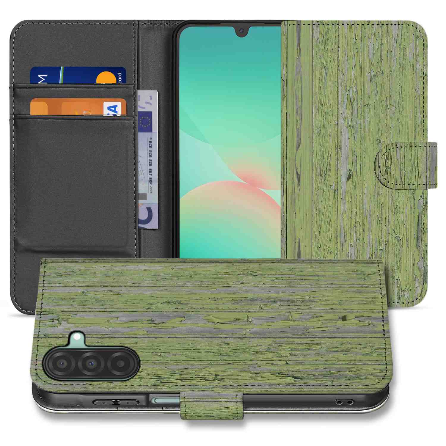 Samsung Galaxy A26 Green Wood Book Case groen hout design voorzijde