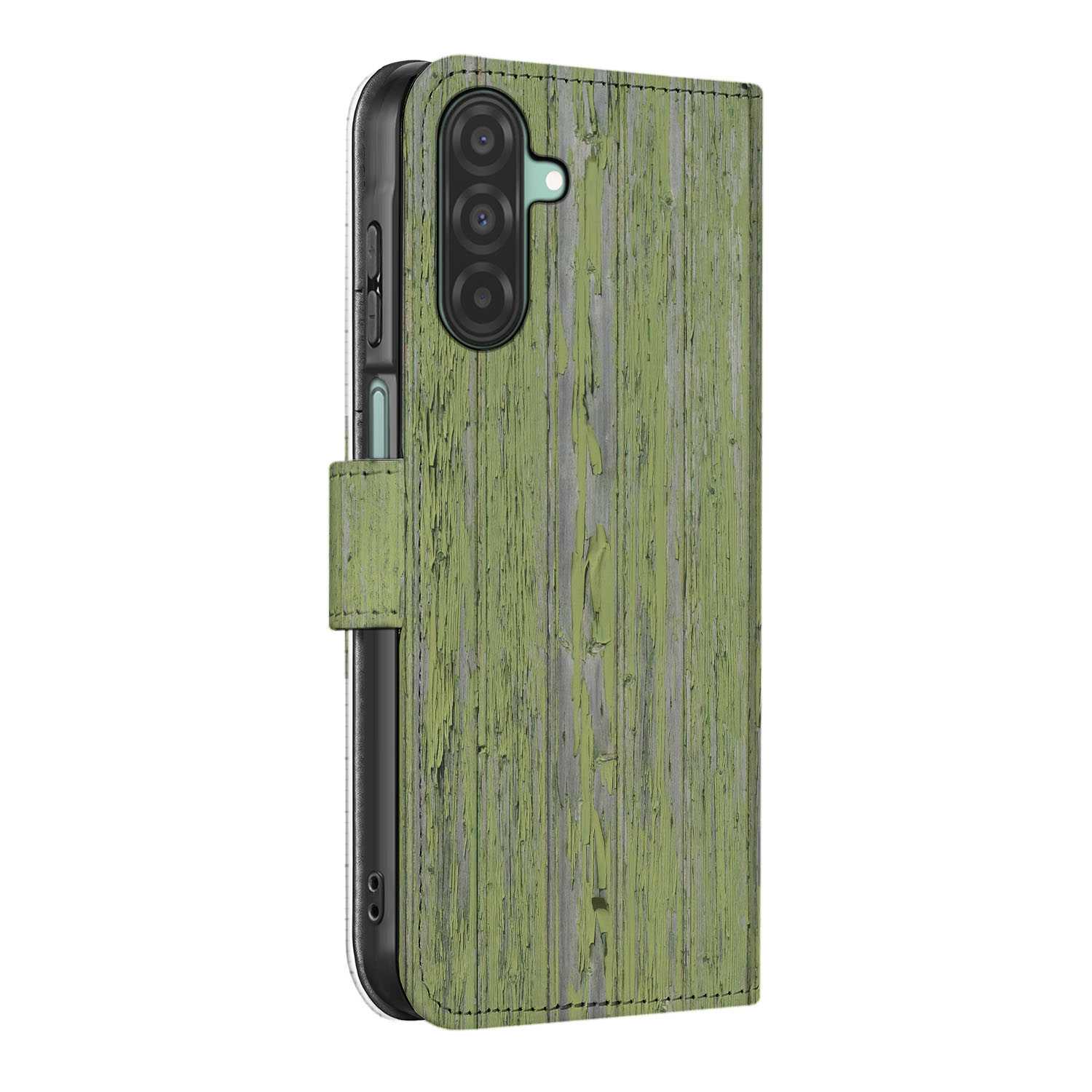 Samsung Galaxy A26 Green Wood Book Case groen hout design zijaanzicht