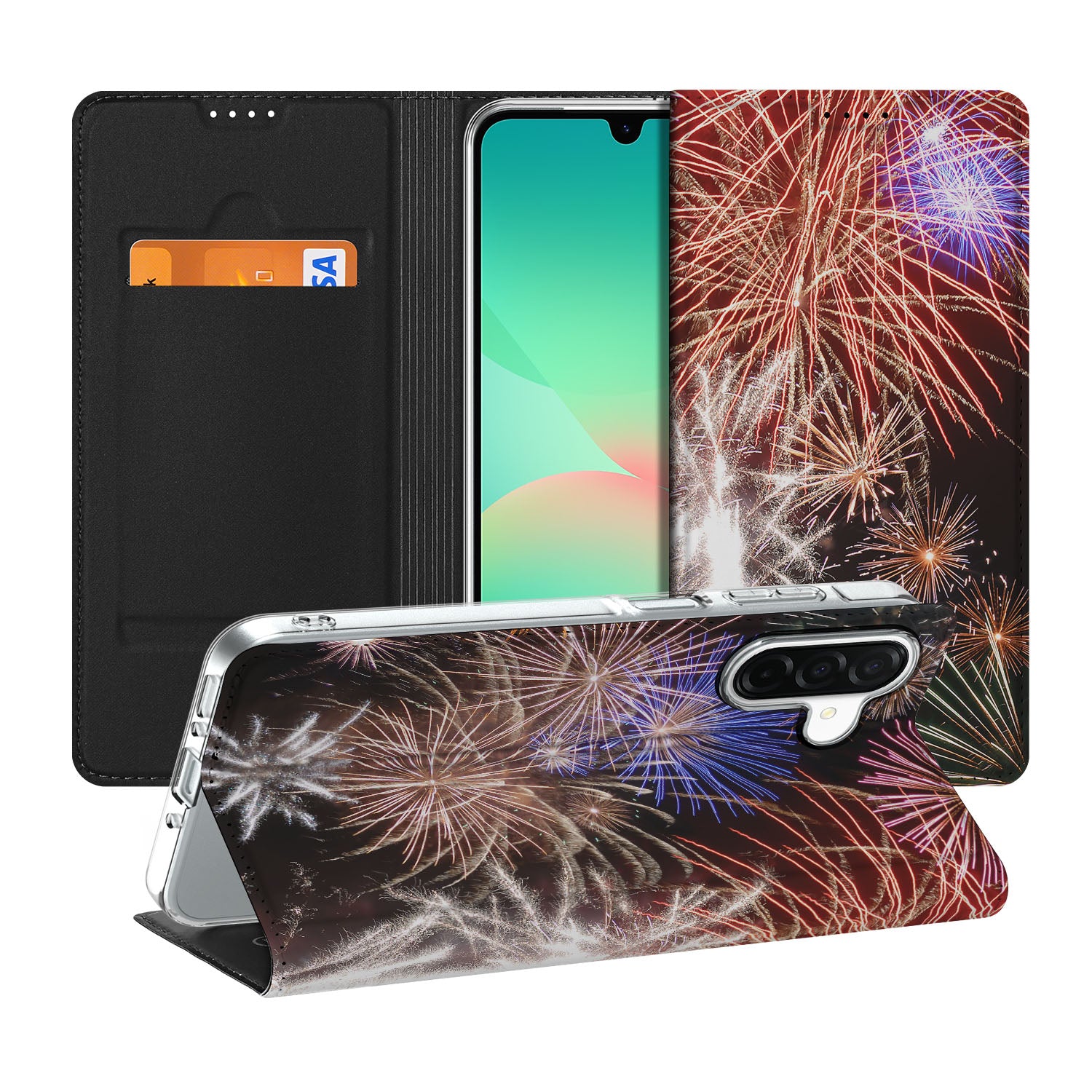 Samsung Galaxy A26 Hippe Standcase Vuurwerk hoesje siervuurwerk aanzicht