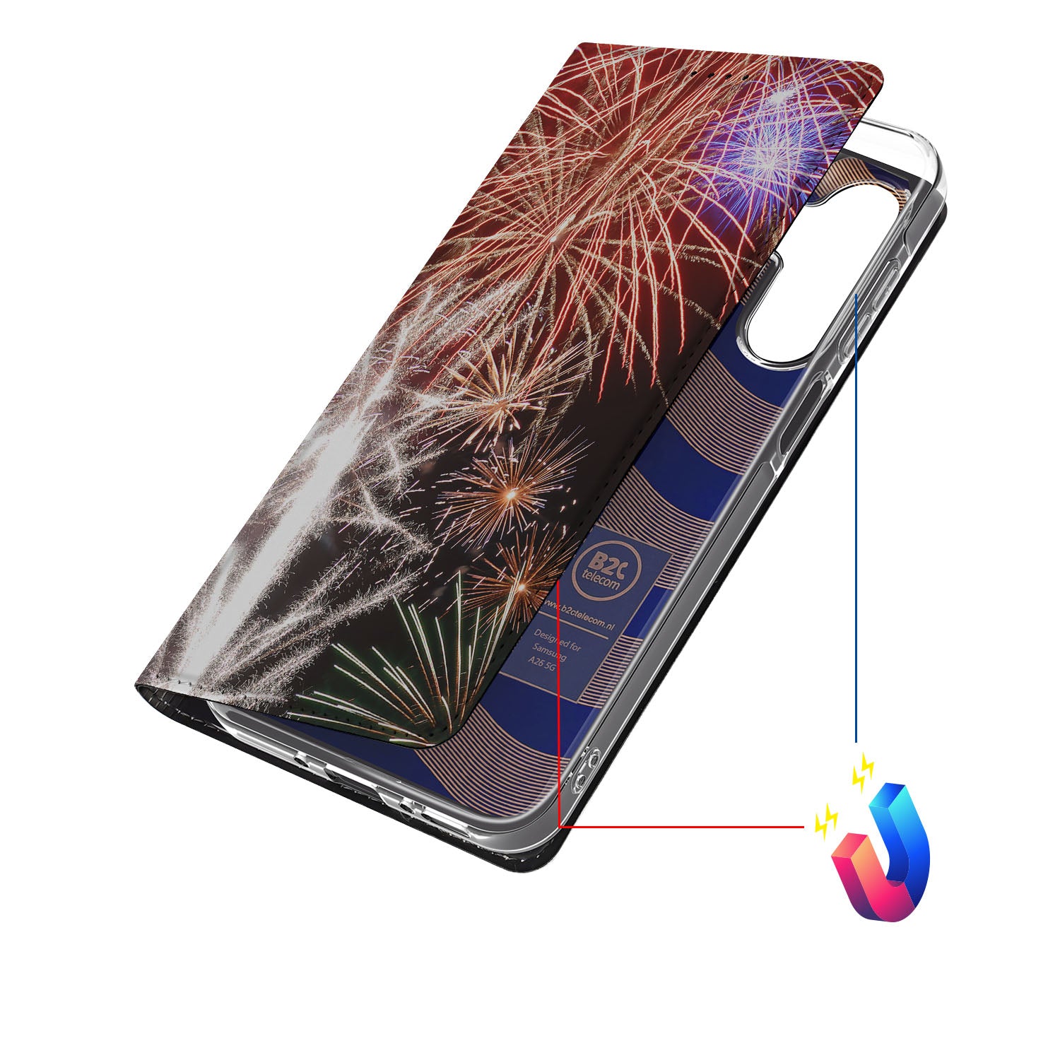 Samsung Galaxy A26 Hippe Standcase Vuurwerk hoesje siervuurwerk aanzicht