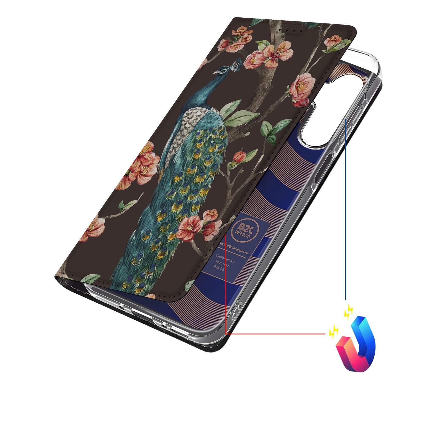 Samsung Galaxy A26 Hoesje maken Pauw met Bloemen stand case pauw bloemen aanzicht