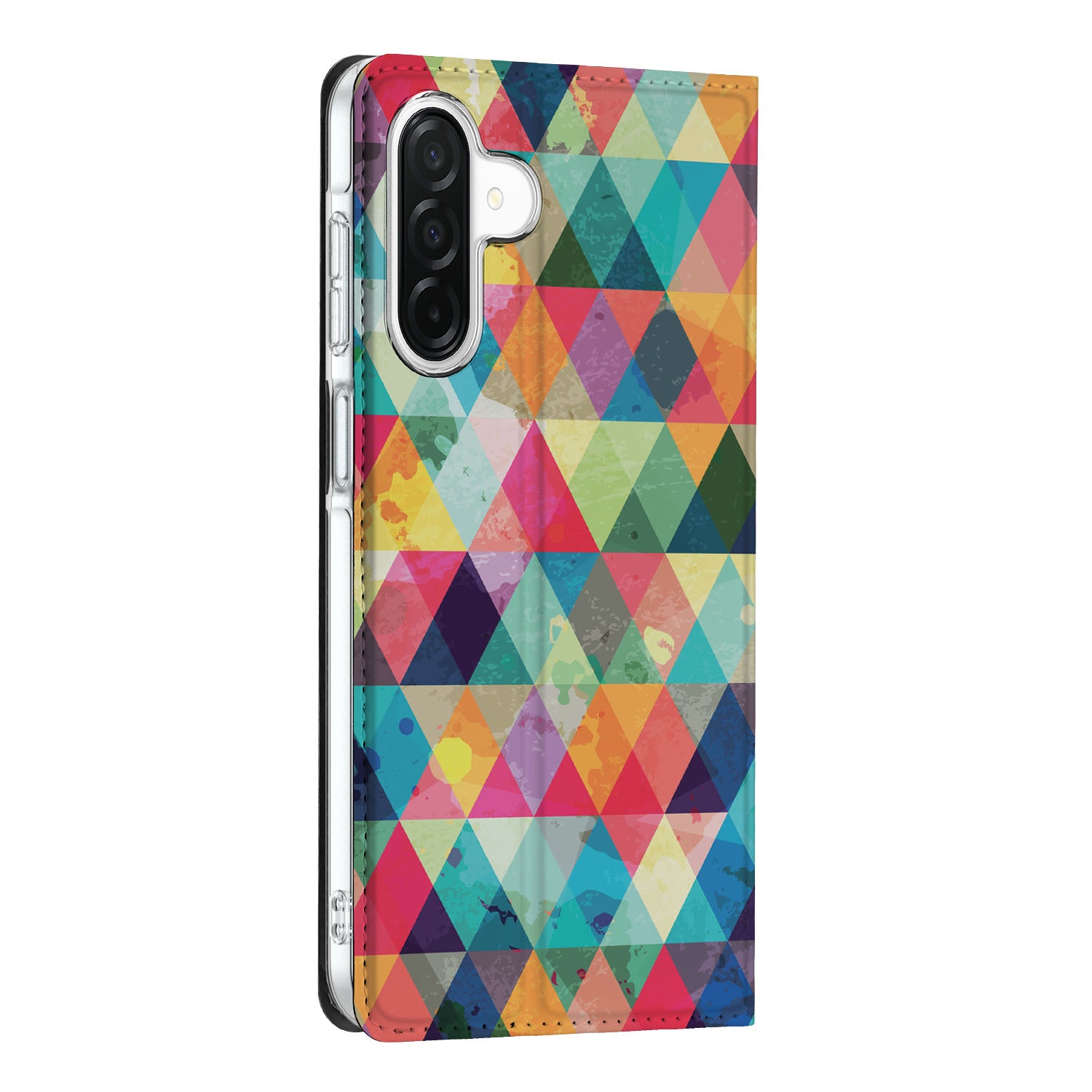 Samsung Galaxy A26 Hoesje met Magneet Geruit design kleurrijke driehoekige patronen zijaanzicht
