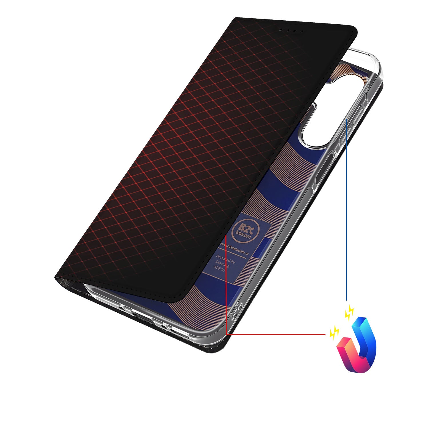 Samsung Galaxy A26 Hoesje met Magneet Geruit Rood zwart geruit design bovenaanzicht