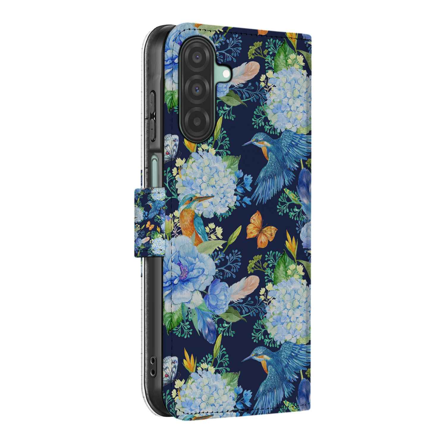 Samsung Galaxy A26 IJsvogel Book Case boekcase bloemen design zijaanzicht