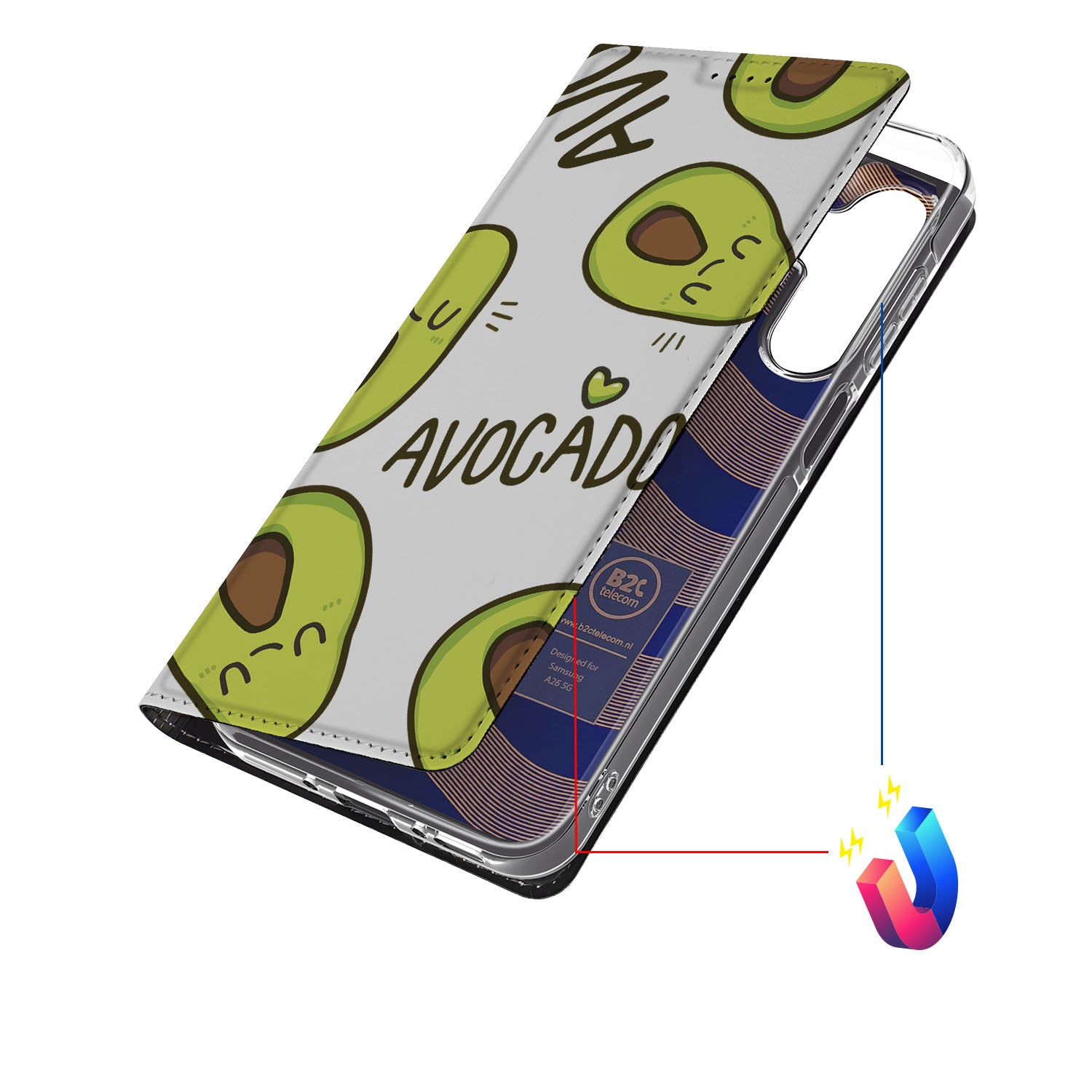 Samsung Galaxy A26 Magnet Case Avocado Singing voorkant avocado's schattig ontwerp