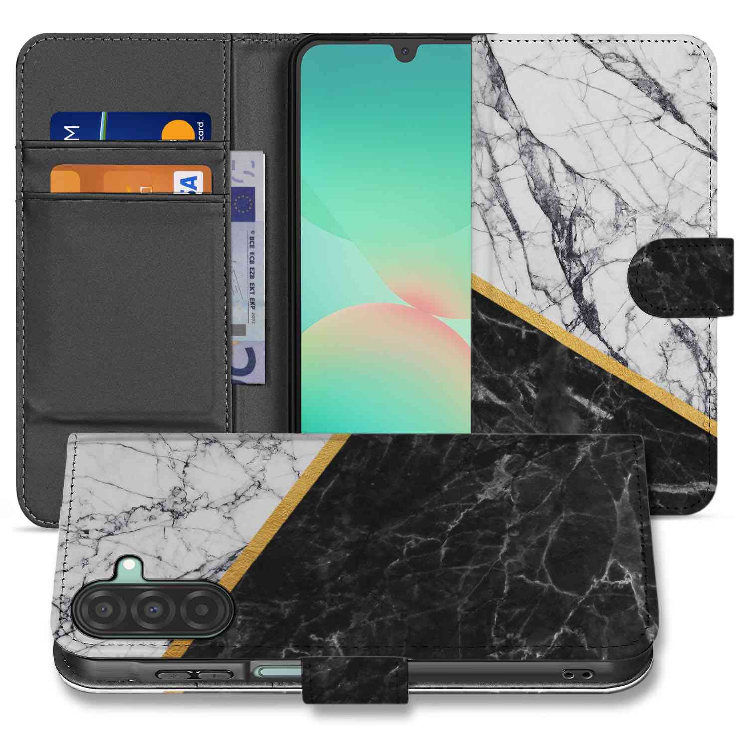 Samsung Galaxy A26 Marble White Black Book Case marmer zwart wit design voorzijde