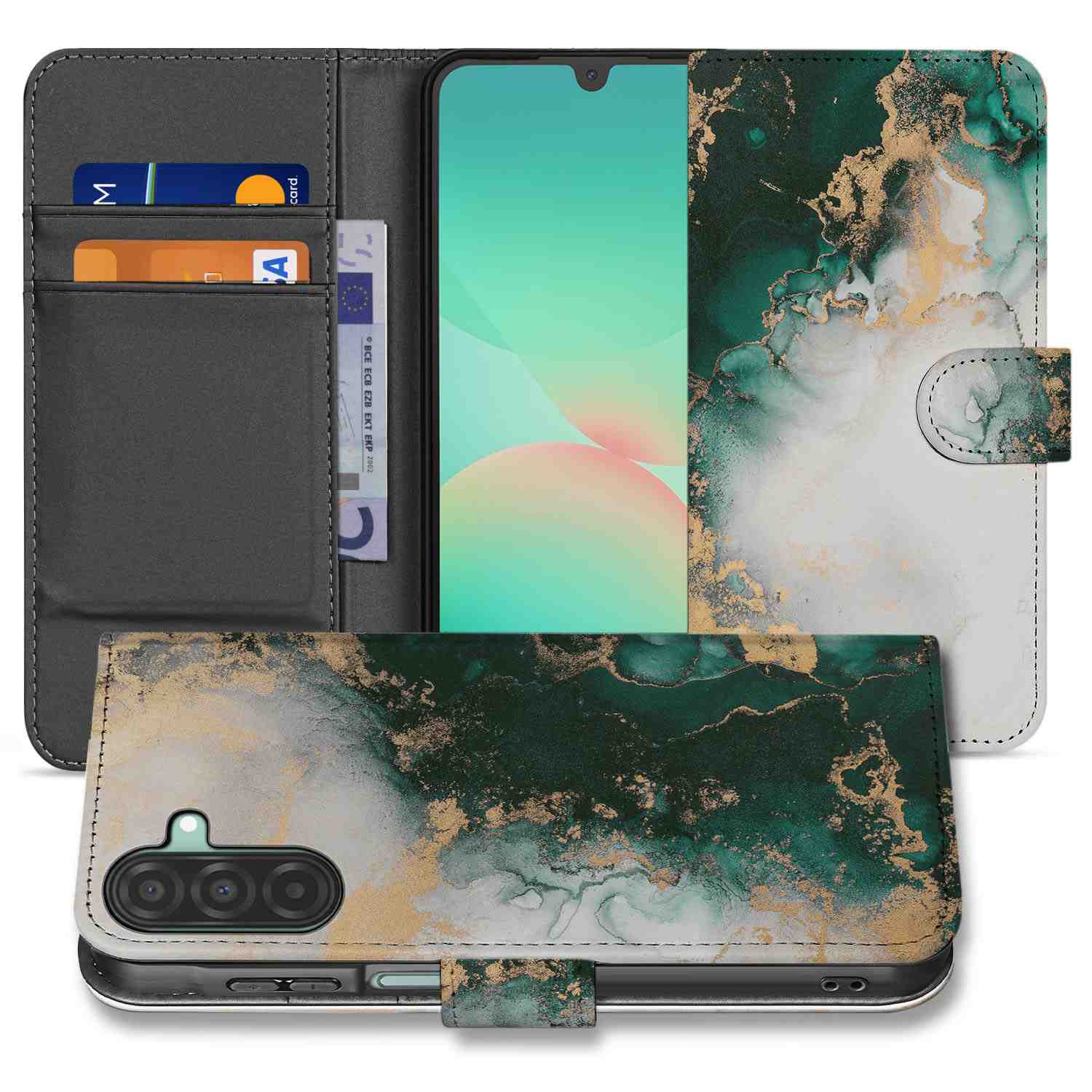 Samsung Galaxy A26 Marmer Groen Book Case marmer groen boekcase voorkant oppen