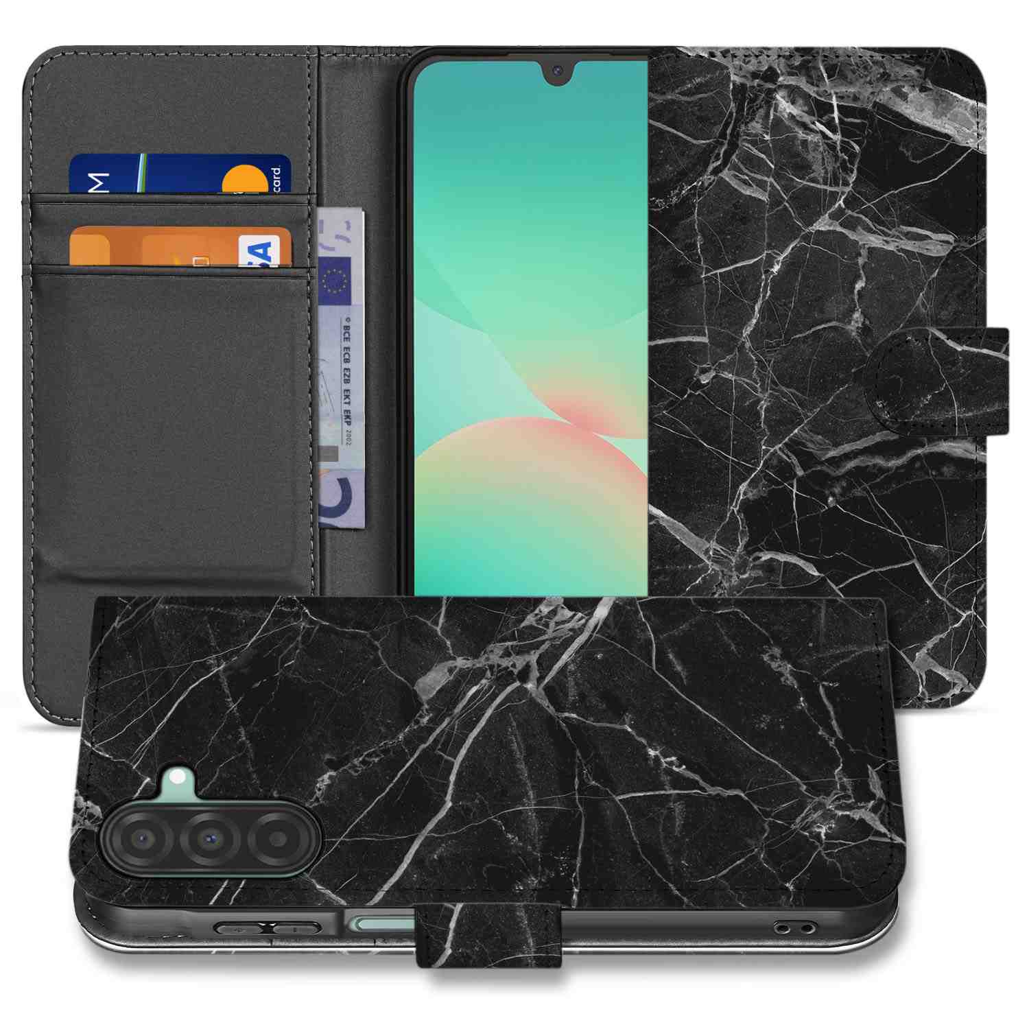 Samsung Galaxy A26 Marmer Zwart Book Case boek hoes marmer zwart aanzicht