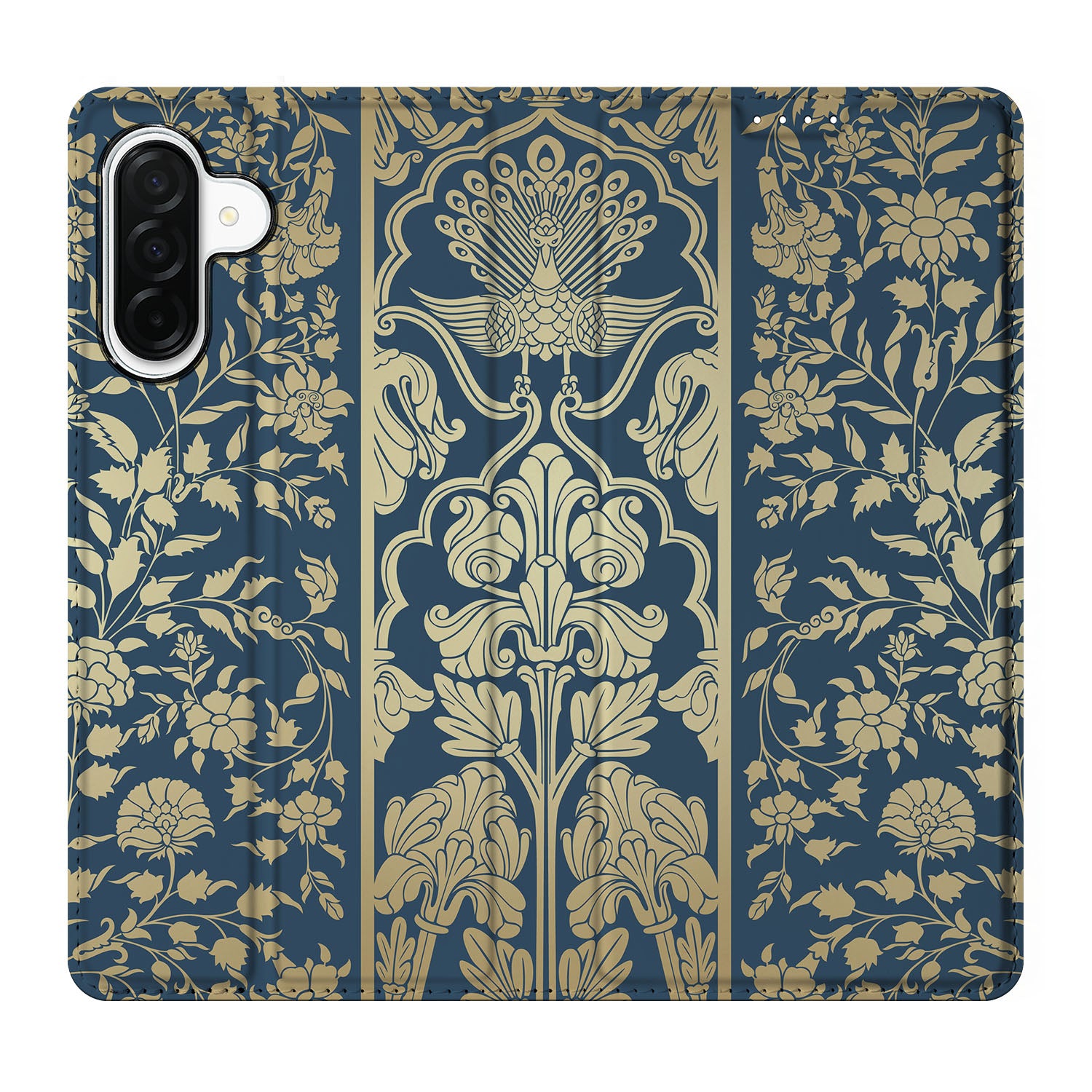 Samsung Galaxy A26 Smart Cover Beige Flowers ontwerp beige bloemen donkerblauw aanzicht