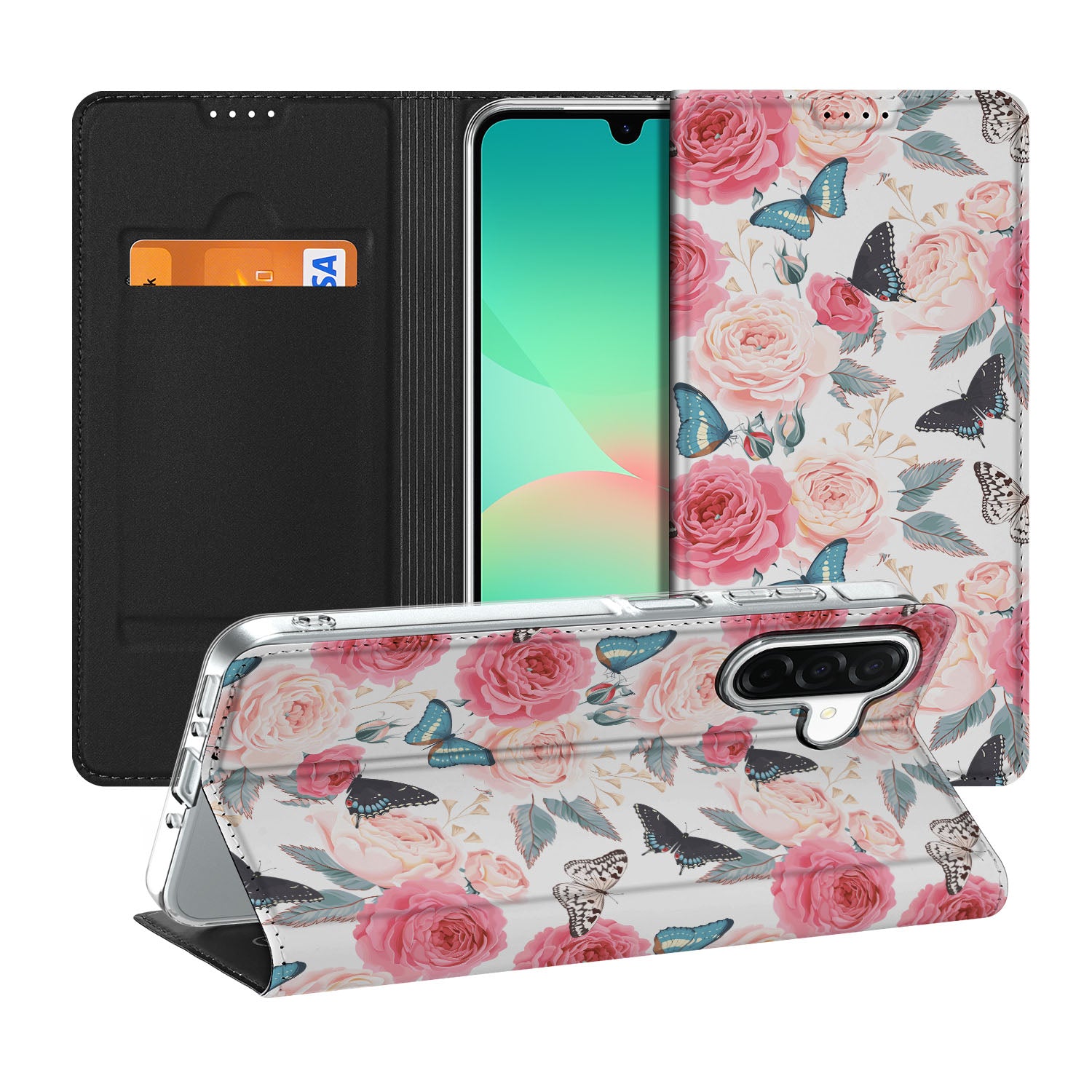 Samsung Galaxy A26 Smart Cover Butterfly Roses hoesje bloemen vlinders aanzicht