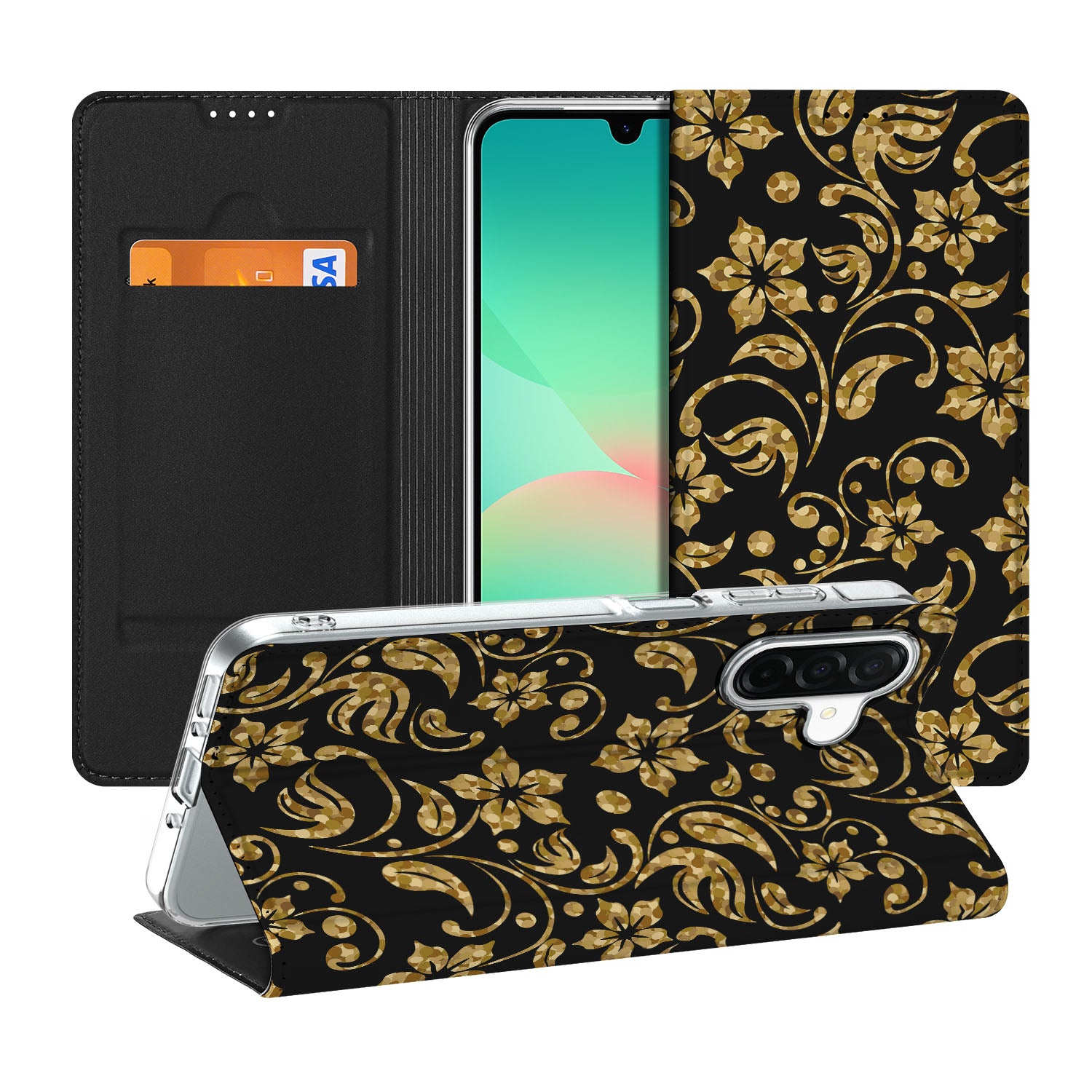Samsung Galaxy A26 Smart Cover Gouden Bloemen telefoonhoesje gouden bloemen design aanzicht