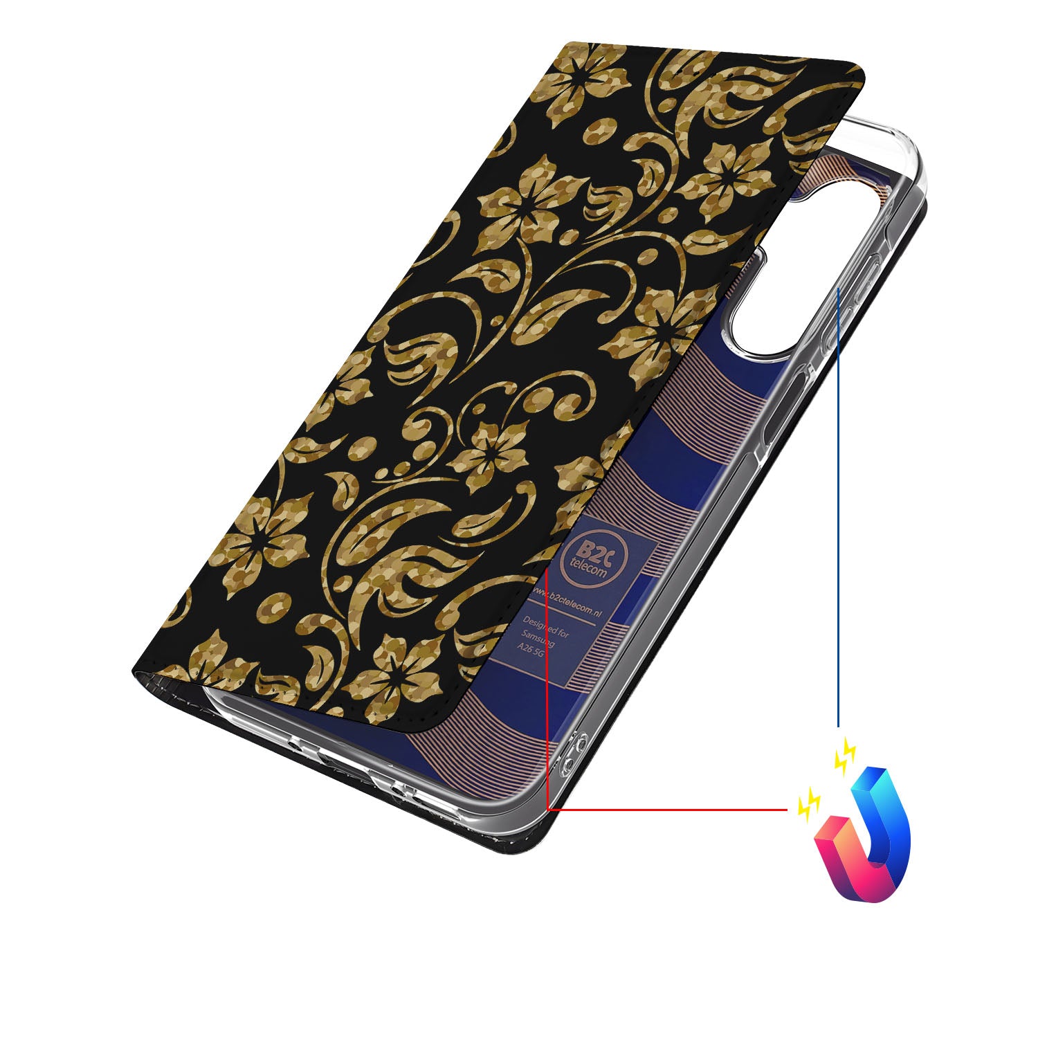 Samsung Galaxy A26 Smart Cover Gouden Bloemen hoesje bloemen zwart design bovenaanzicht