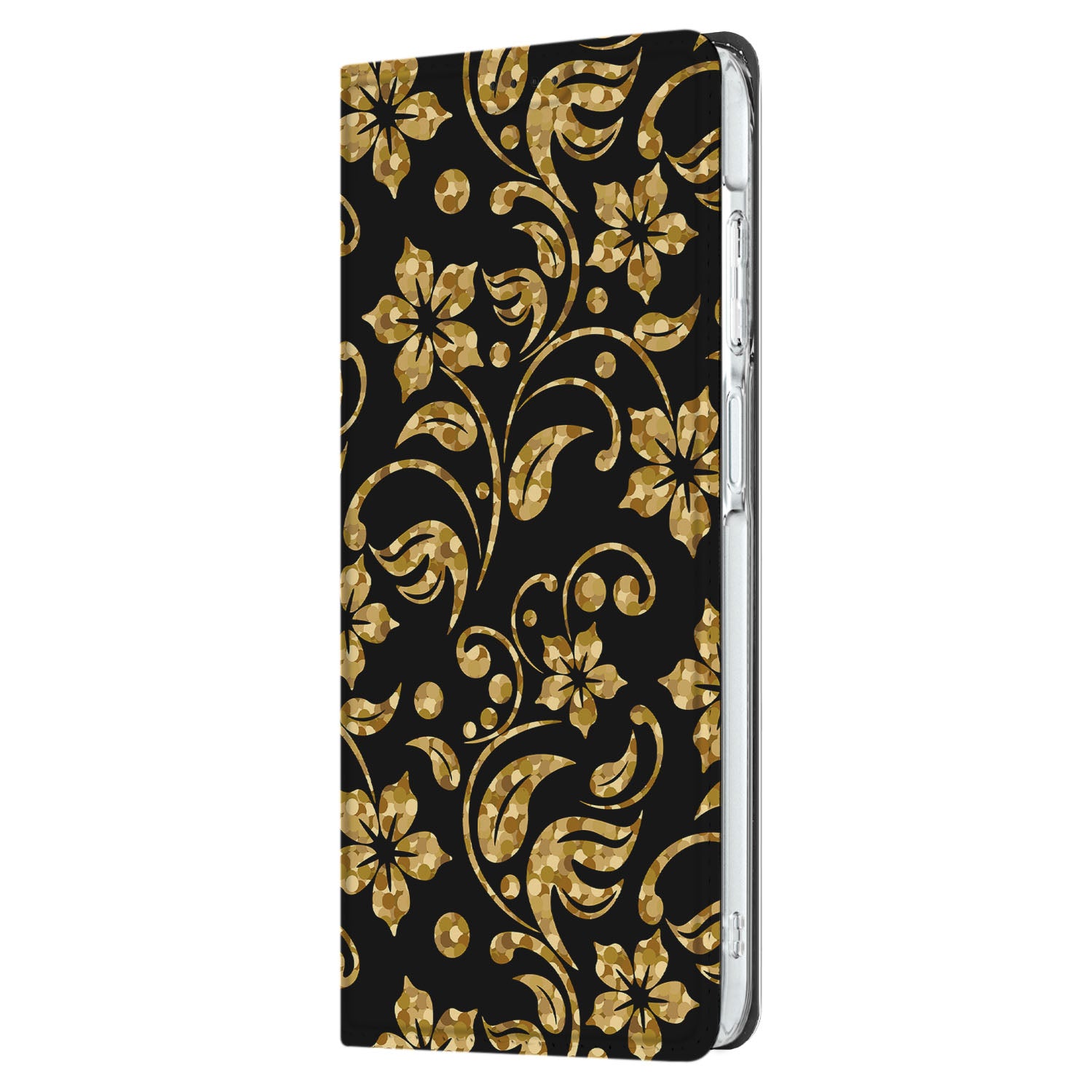Samsung Galaxy A26 Smart Cover Gouden Bloemen zwart gouden bloemen design aanzicht