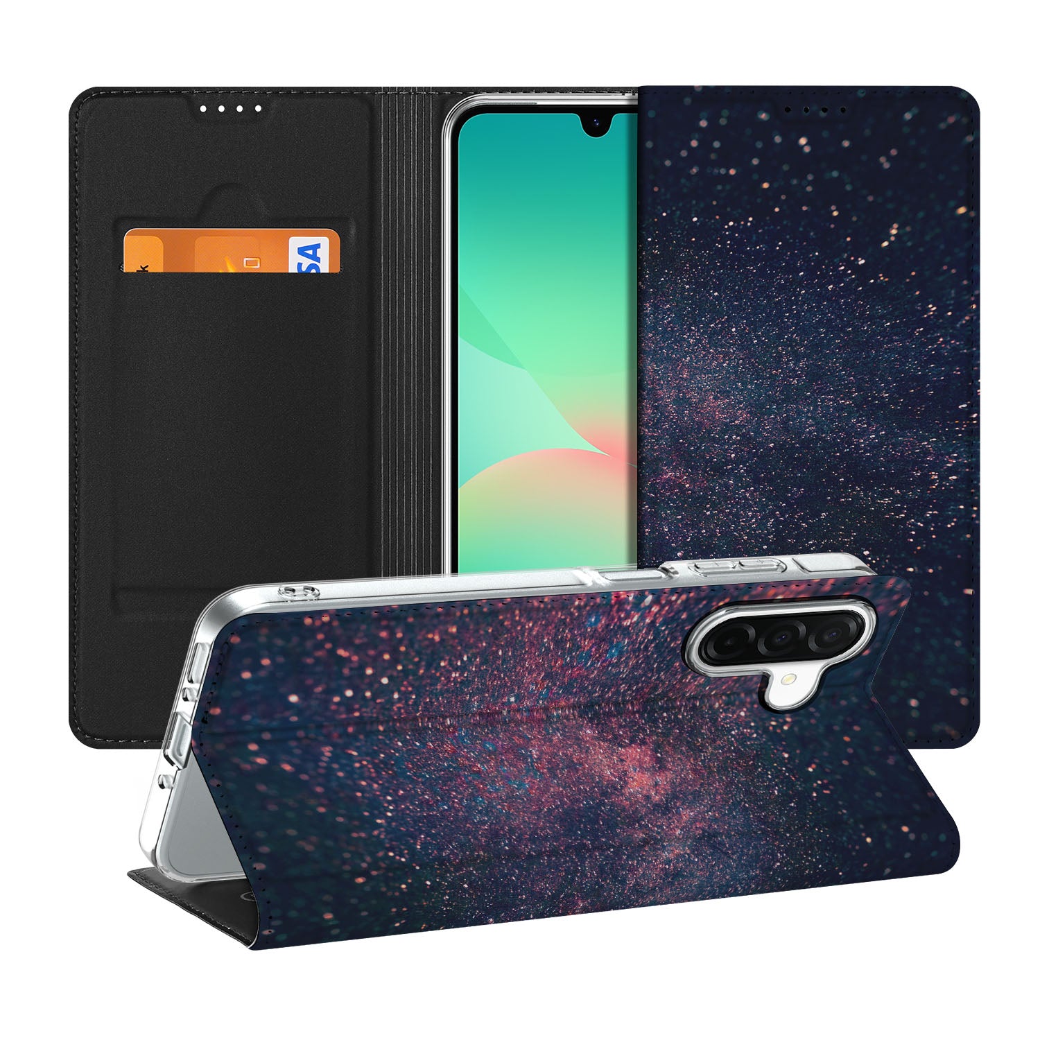 Samsung Galaxy A26 Stand Case Stars hoesje paarse blauwe kleuren inktzwarte achtergrond vooraanzicht