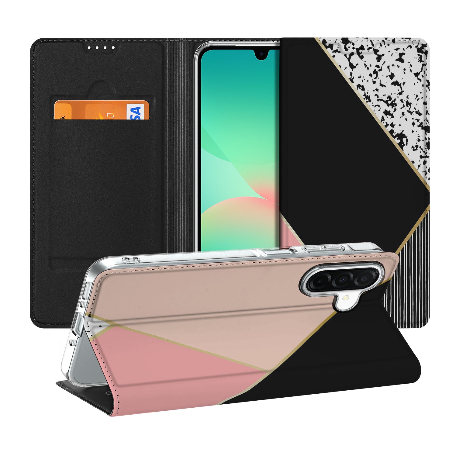 Samsung Galaxy A26 Stand Case Zwart Roze Vormen design aanzicht