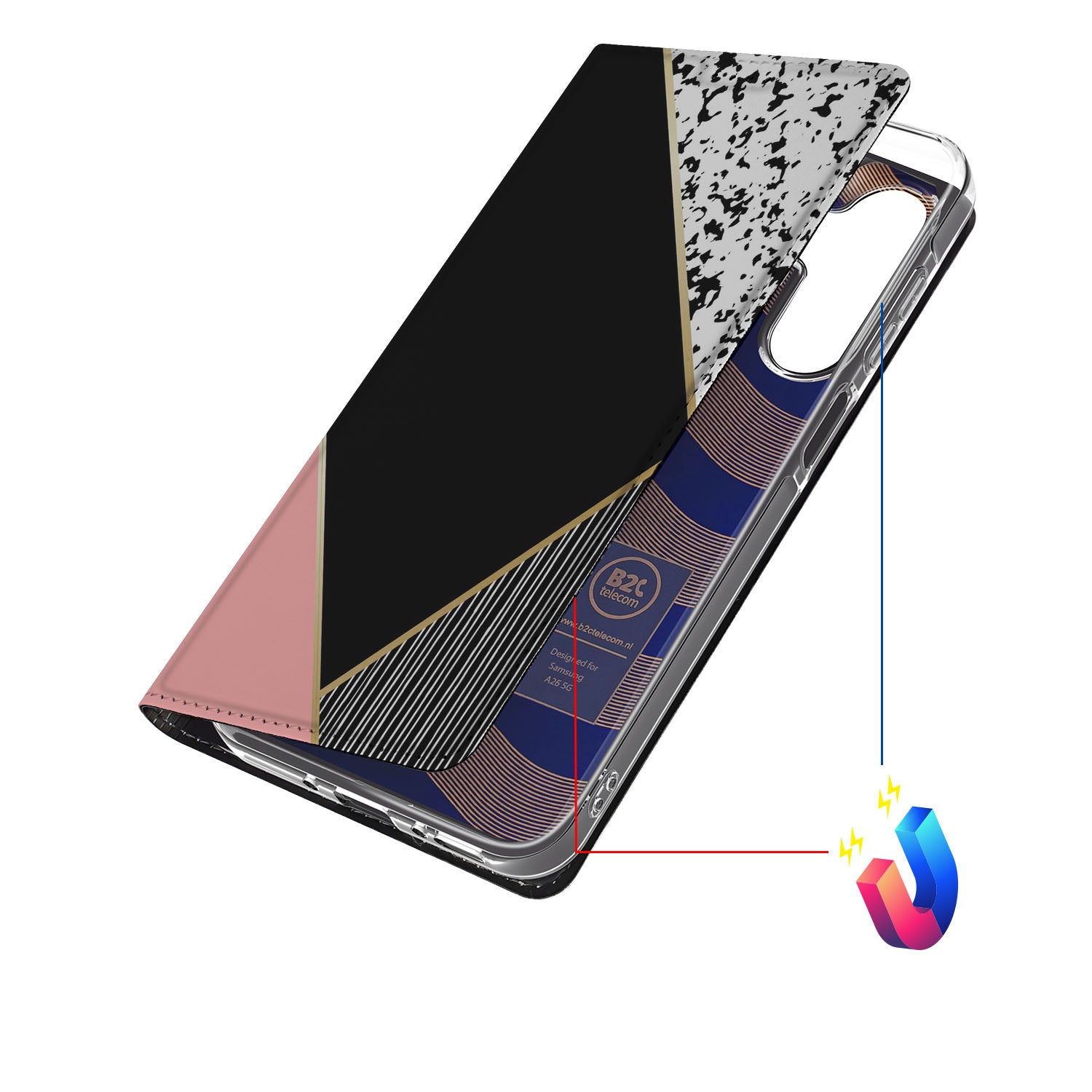 Samsung Galaxy A26 Stand Case Zwart Roze Vormen detail ontwerp aanzicht