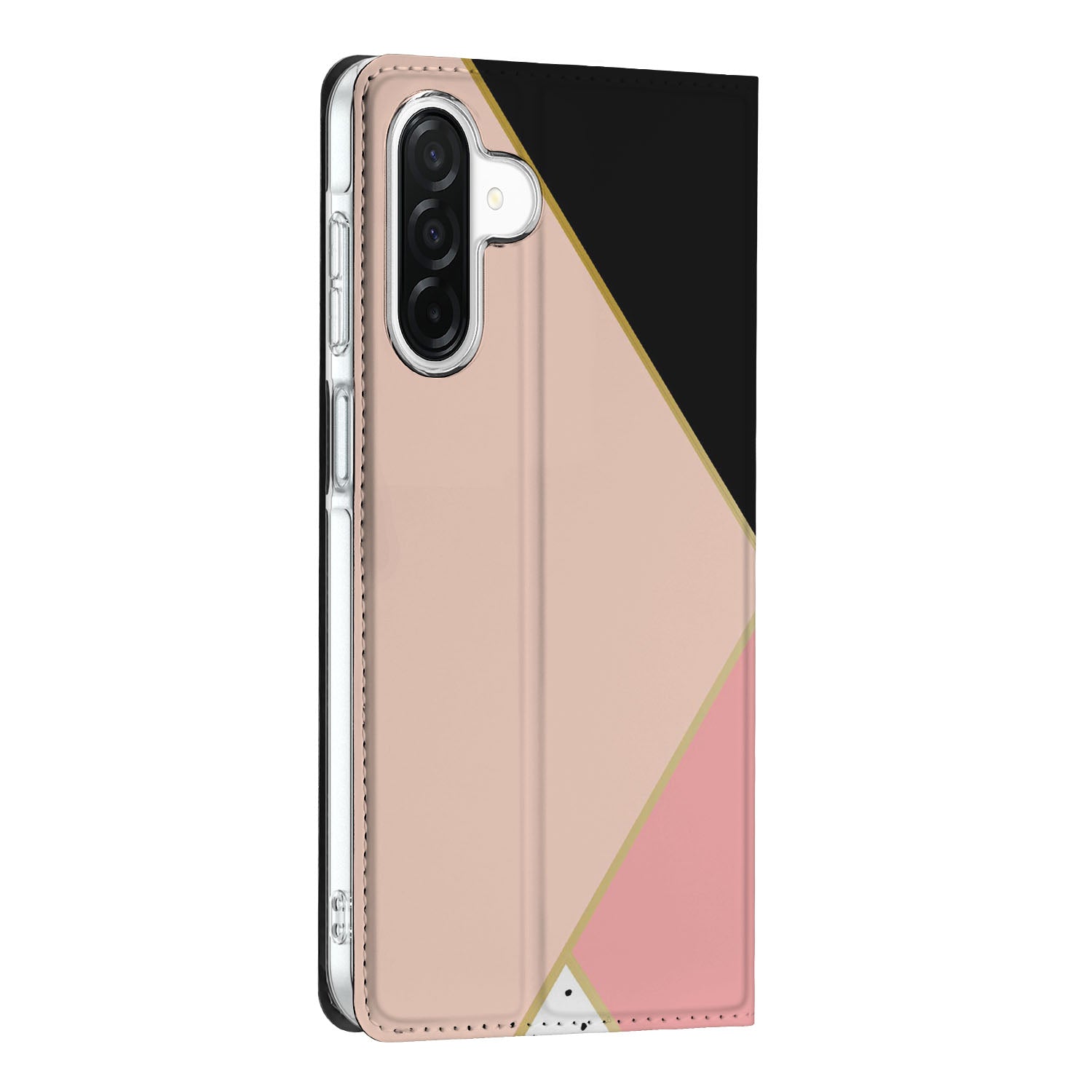 Samsung Galaxy A26 Stand Case Zwart Roze Vormen design zwart roze aanzicht