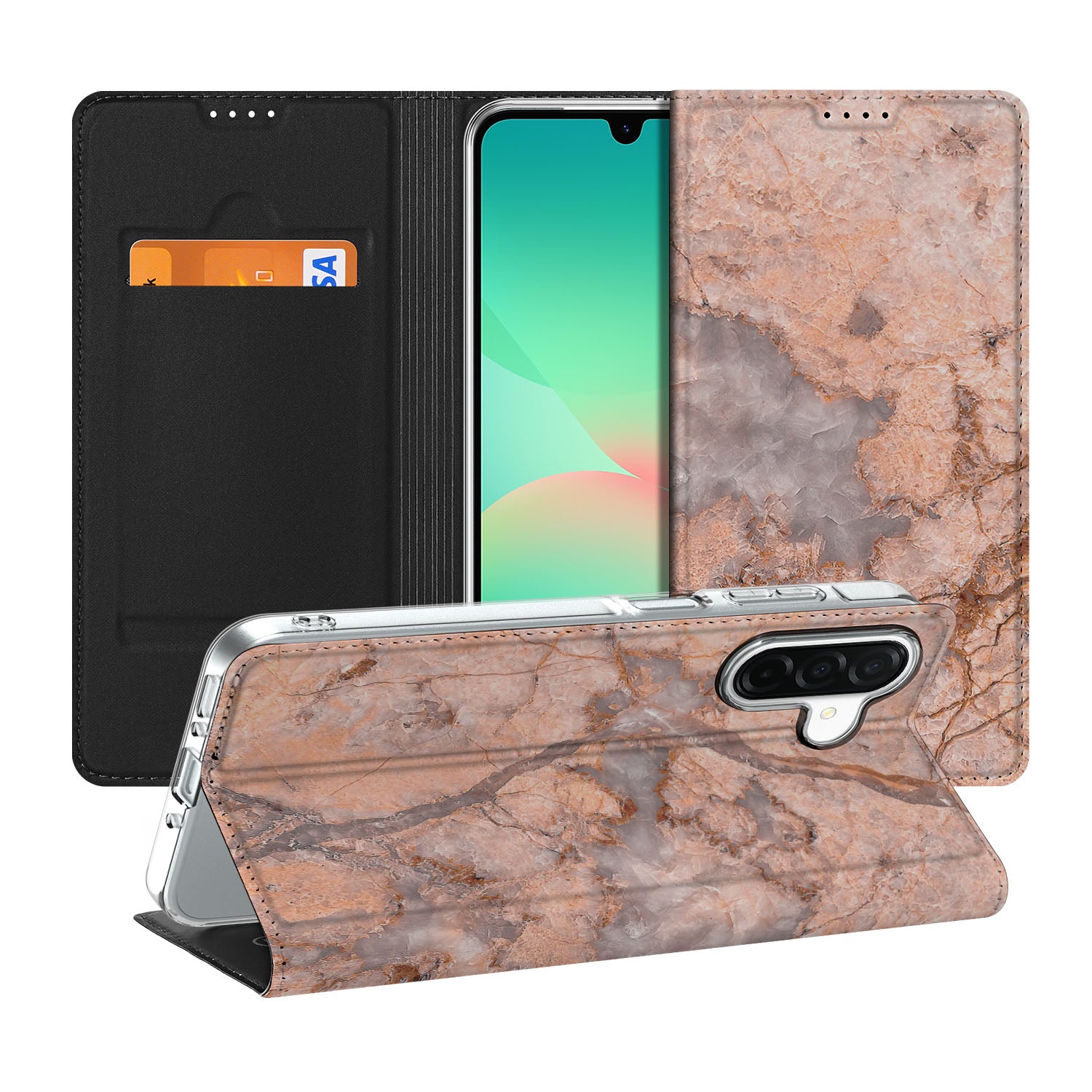Samsung Galaxy A26 Standcase Marmer Oranje design hoesje aanzicht