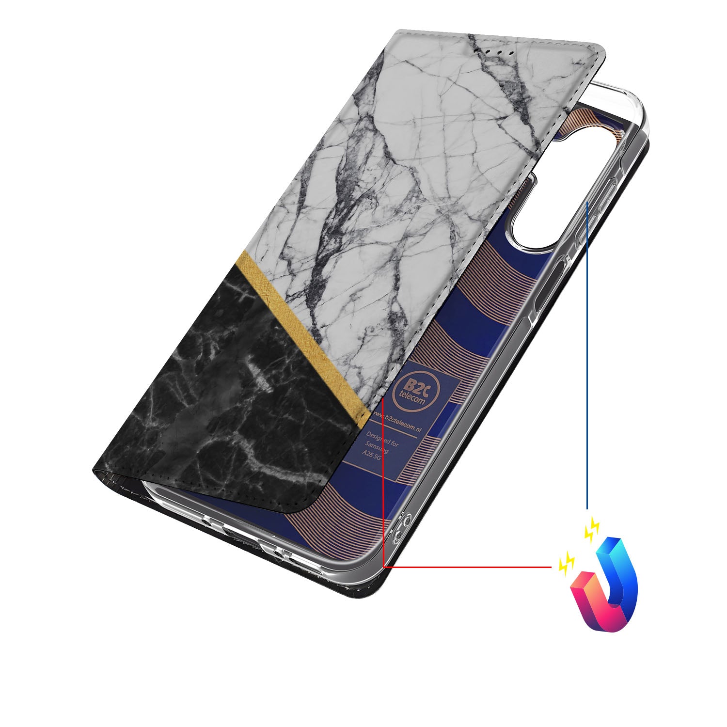 Samsung Galaxy A26 Standcase Marmer Wit Zwart design hoesje aanzicht