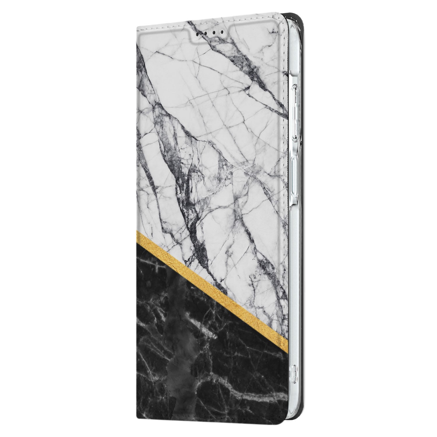 Samsung Galaxy A26 Standcase Marmer Wit Zwart design met zwartwit marmer aanzicht