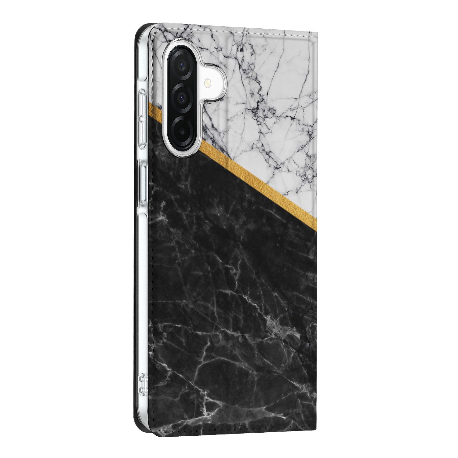 Samsung Galaxy A26 Standcase Marmer Wit Zwart design hoesje zwartwit marmer aanzicht