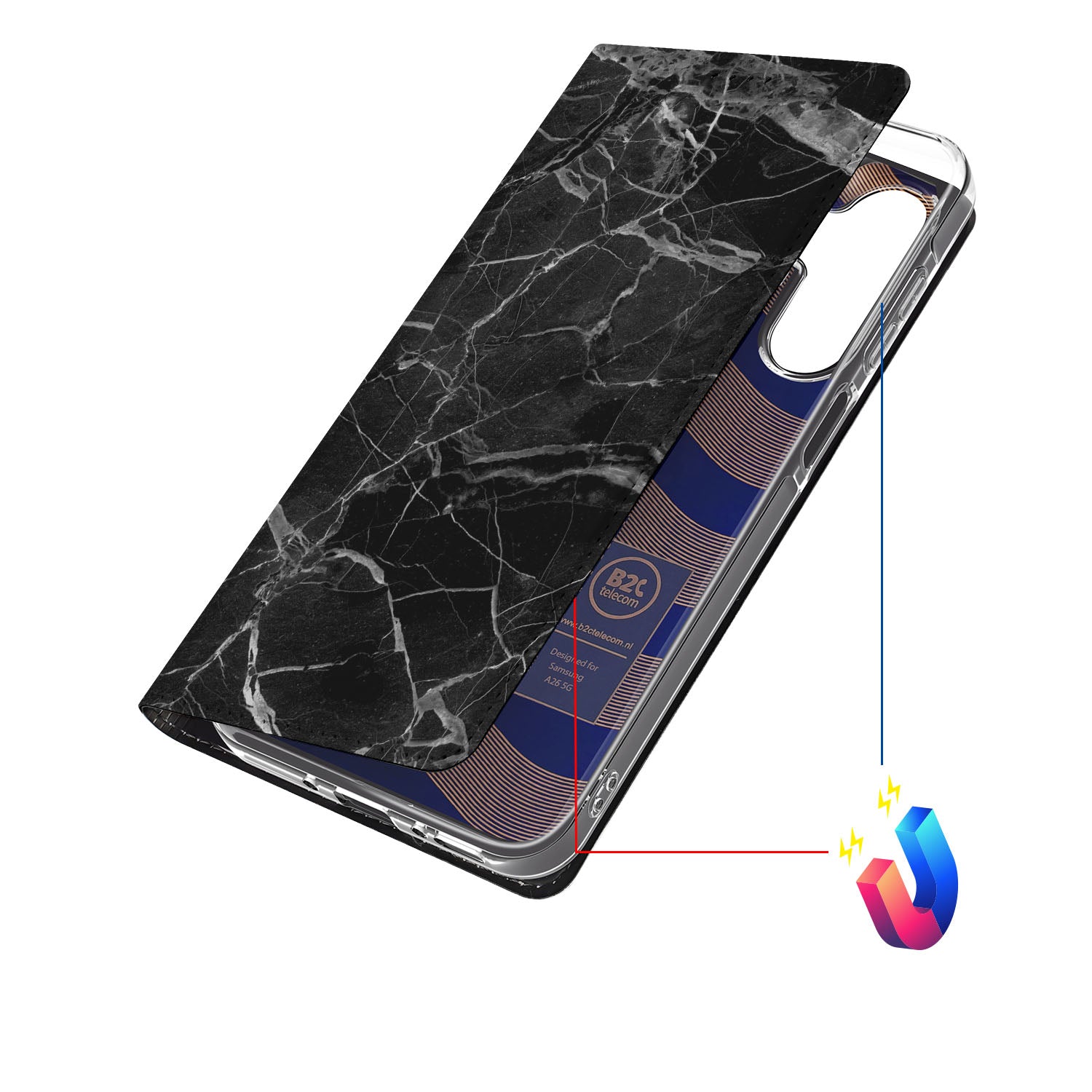 Samsung Galaxy A26 Standcase Marmer Zwart Origineel Cadeau Vader zwart marmer design hoesje aanzicht