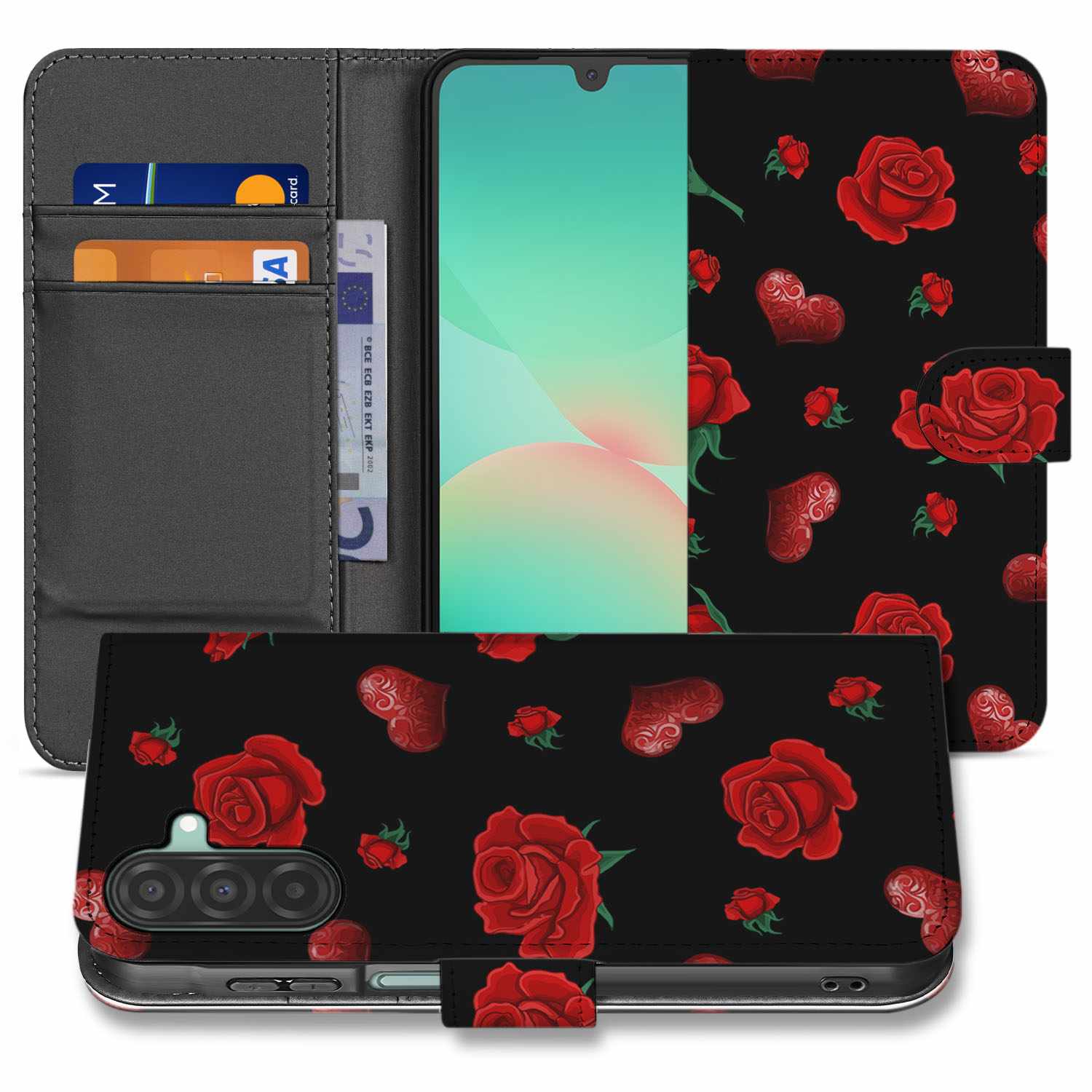 Samsung Galaxy A26 Valentine Book Case boekcase bloemen zwart voorkant