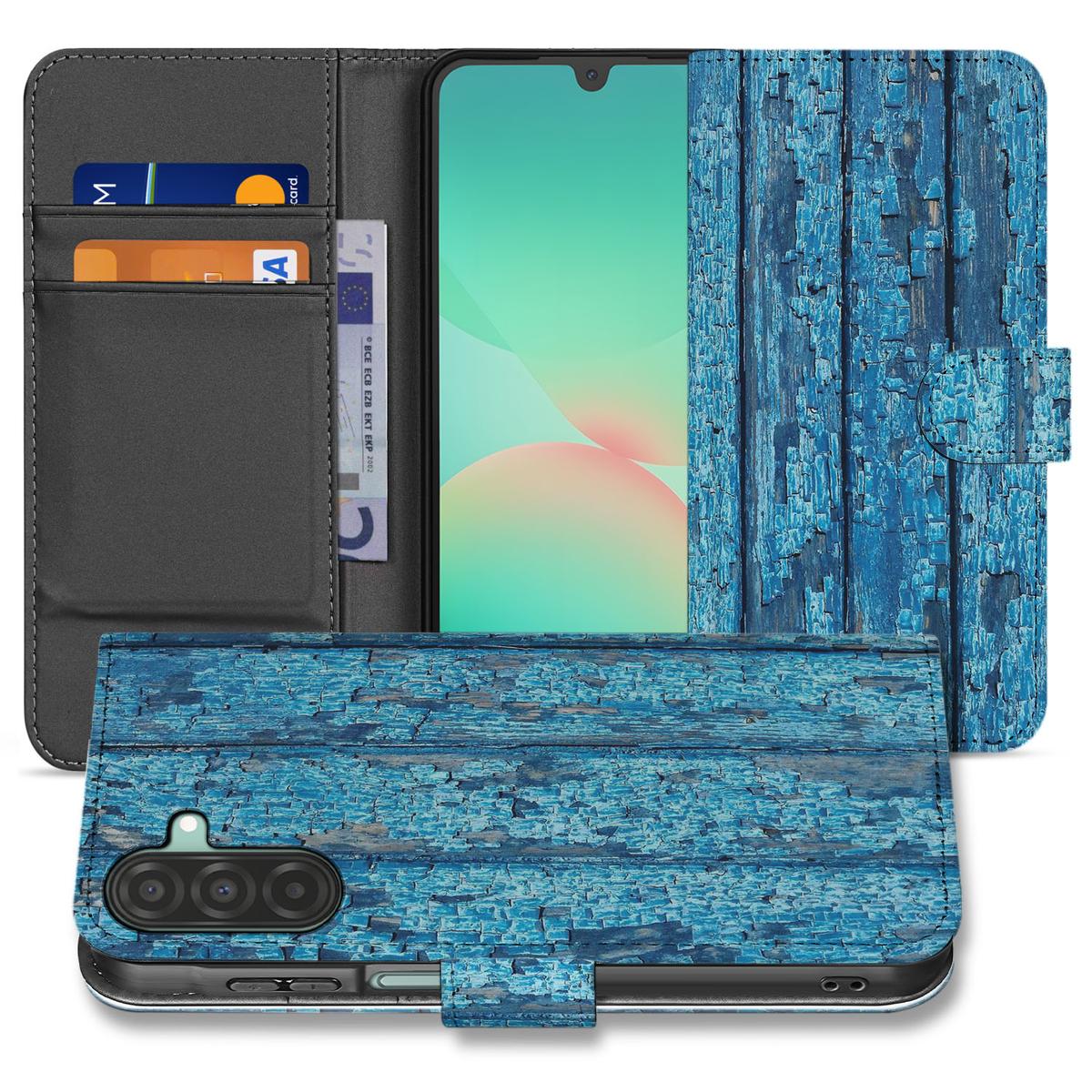 Samsung Galaxy A26 Wood Blue Book Case bookcase design Wood Blue aanzicht