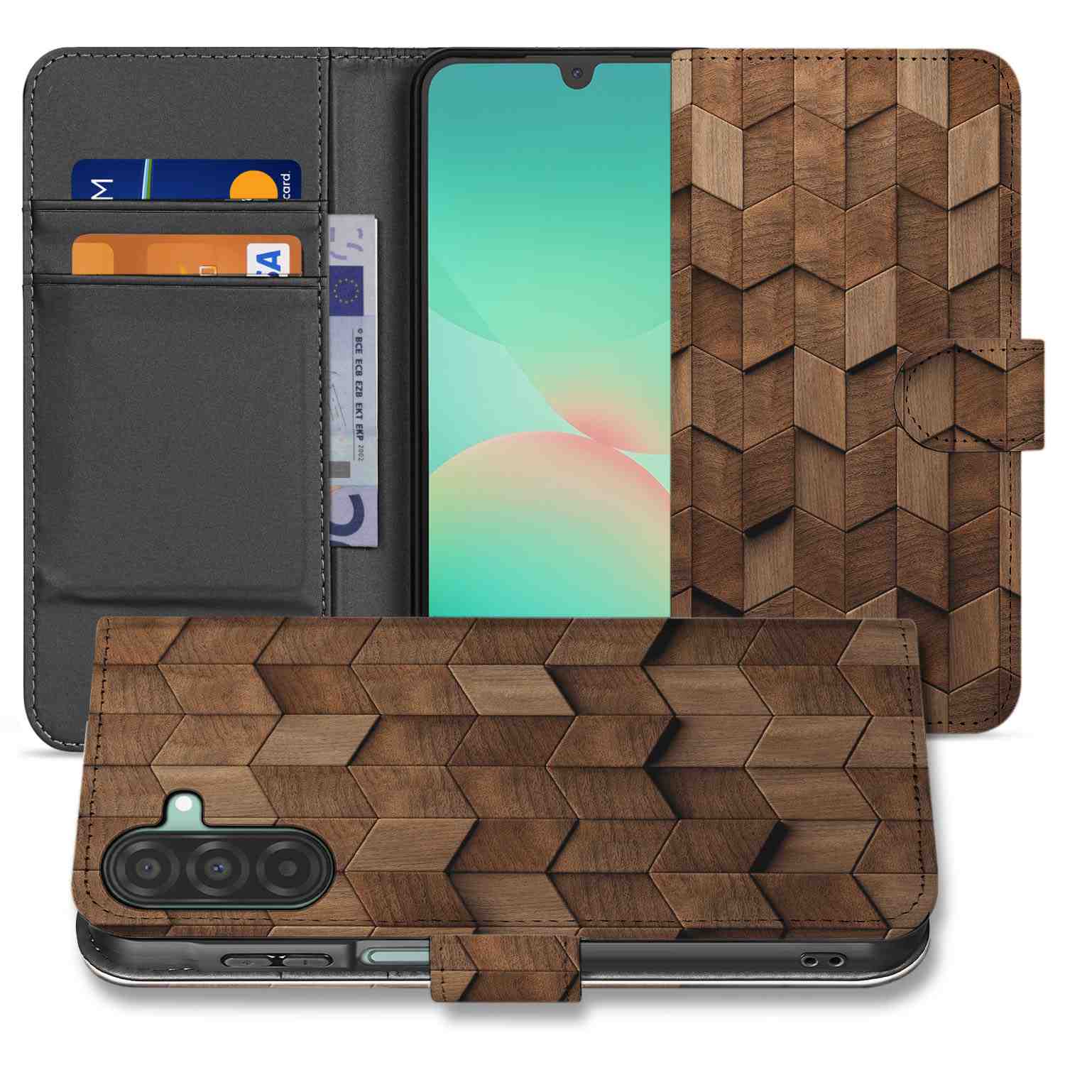 Samsung Galaxy A26 Wooden Cubes Book Case houten blokken ontwerp vooraanzicht