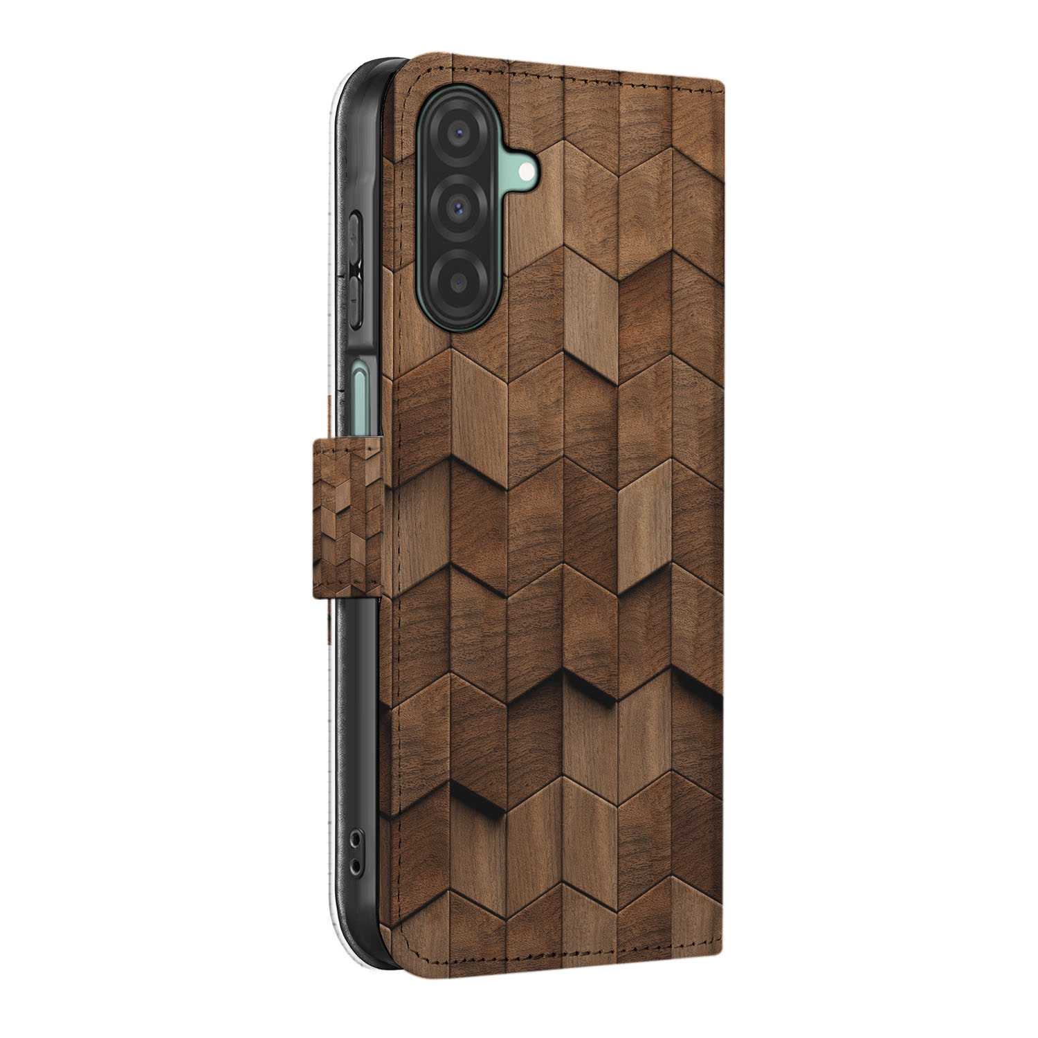 Samsung Galaxy A26 Wooden Cubes Book Case houten blokken design zijaanzicht