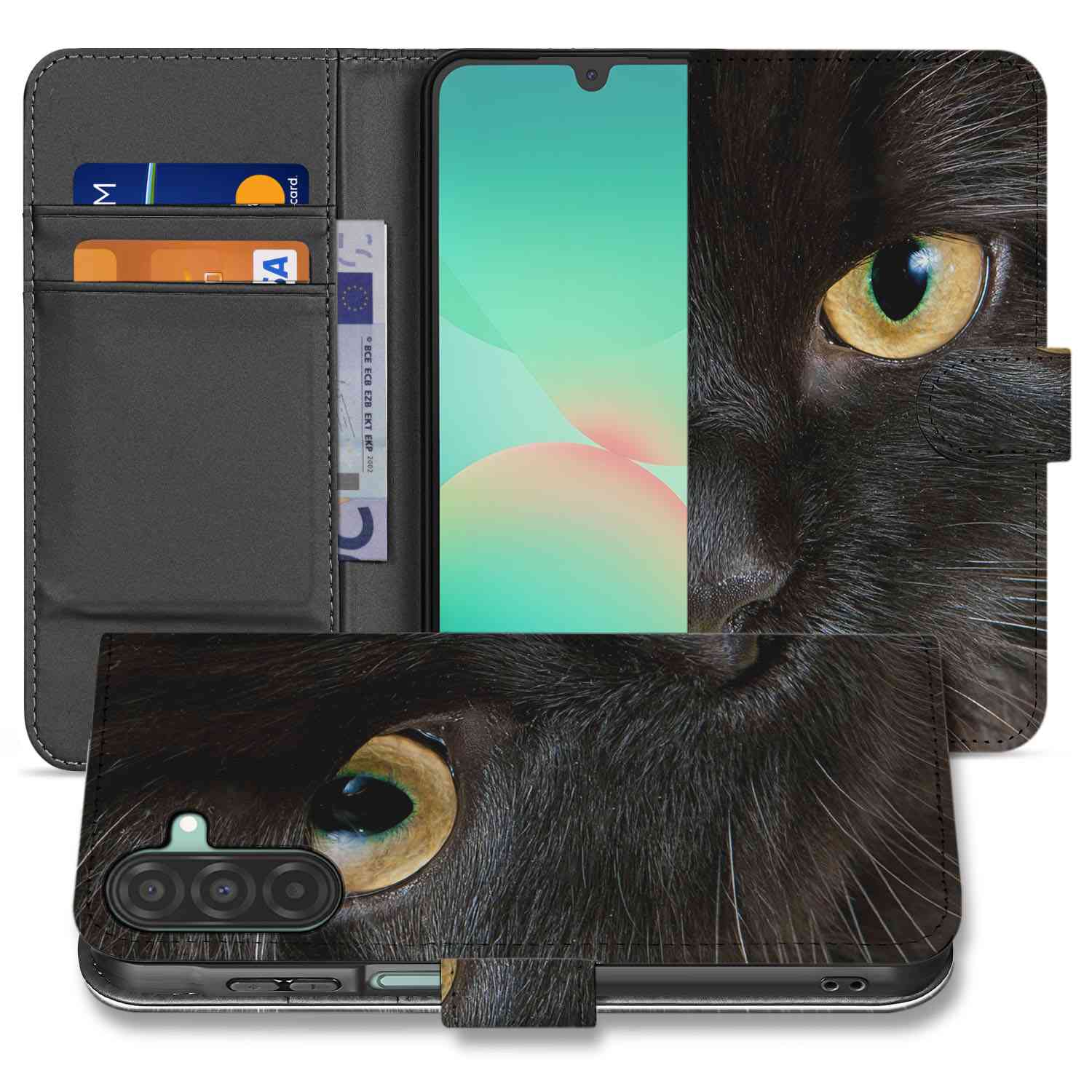 Samsung Galaxy A26 Zwarte Kat Book Case Zwarte Kat voorkant met pasjeshouders
