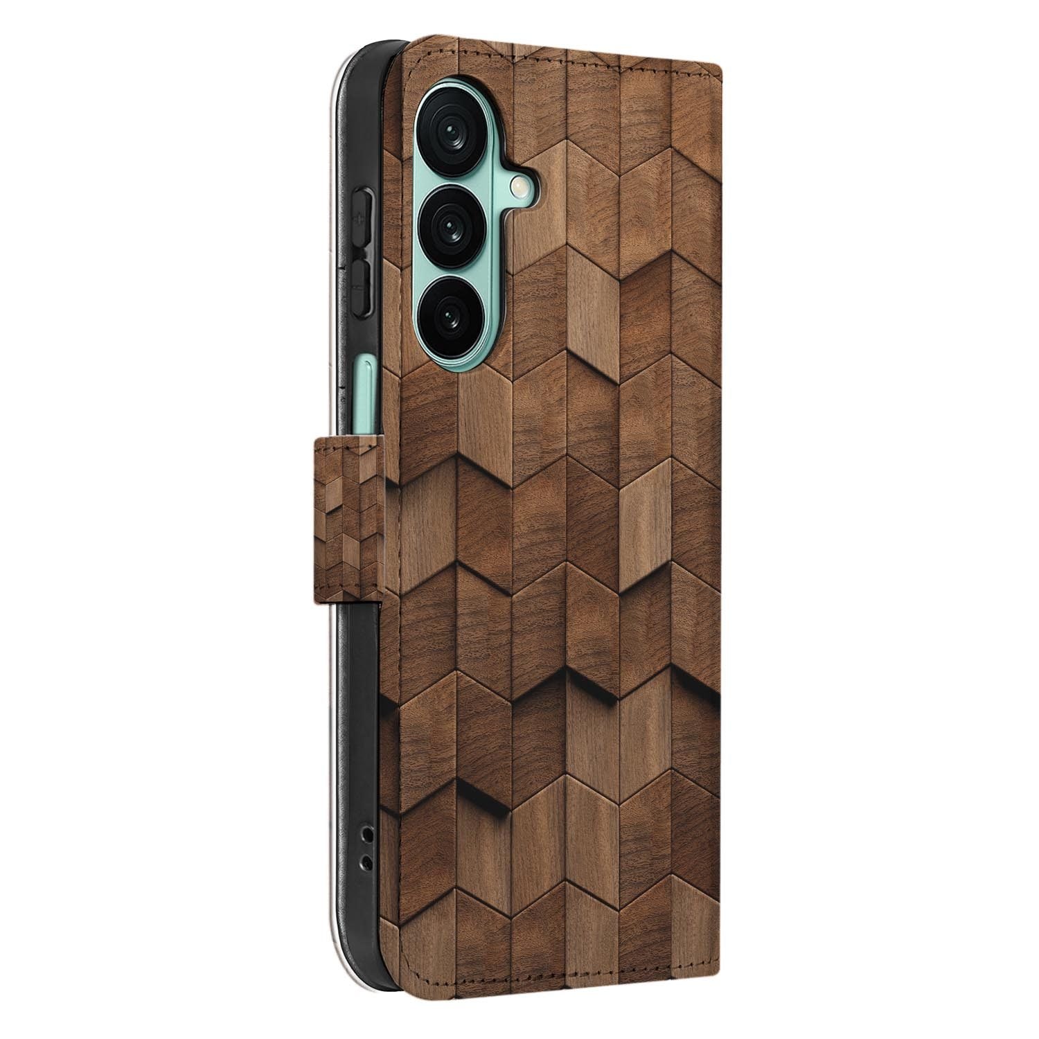 Samsung Galaxy A27 bookcase Wooden Cubes, detail van het stiksel