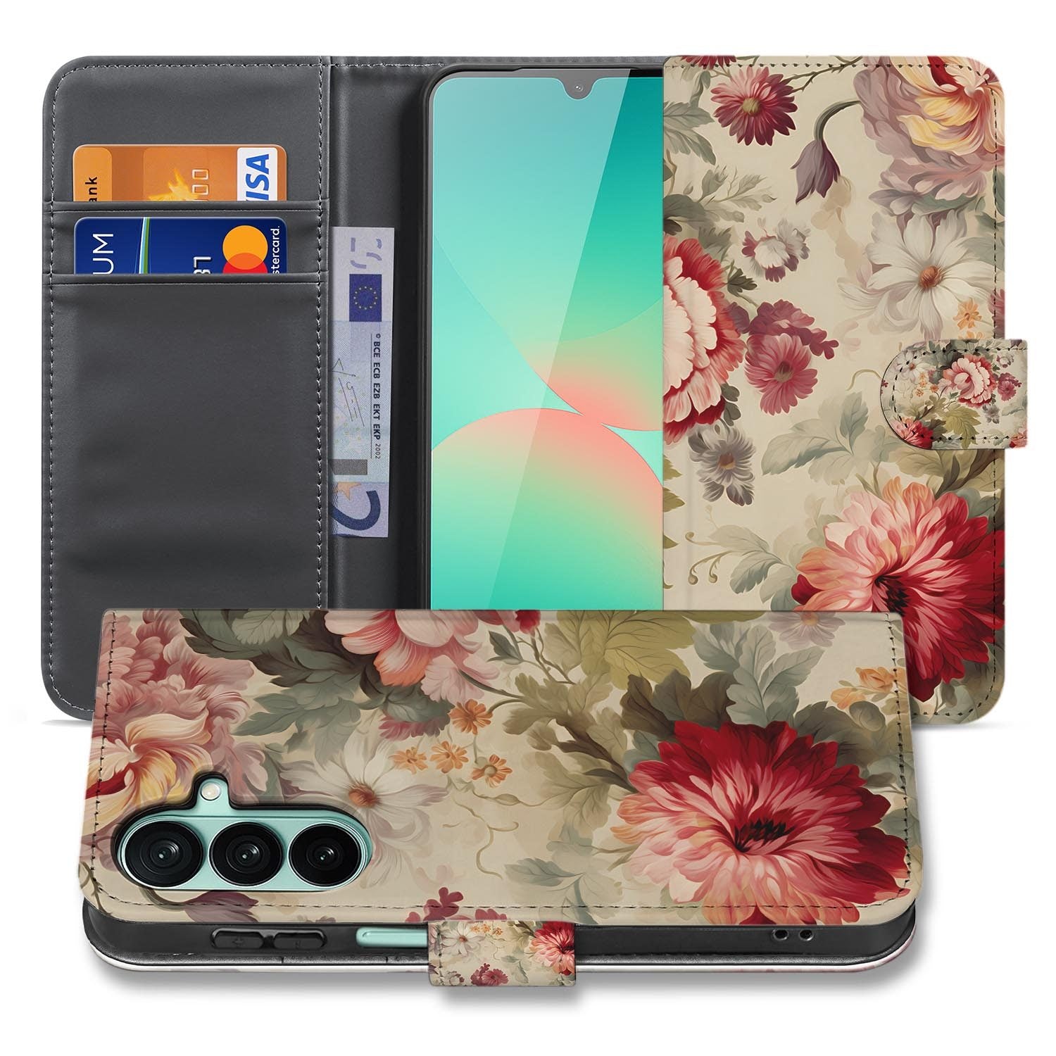 Samsung Galaxy A27 bookcase Bloemen, voorkant met gesloten klep