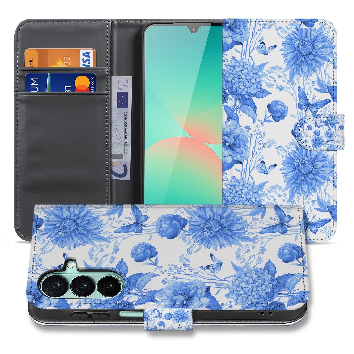 Samsung Galaxy A27 bookcase Flowers Blue, voorkant met gesloten klep