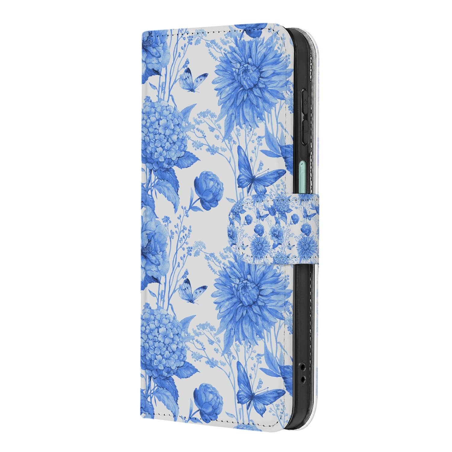 Samsung Galaxy A27 bookcase Flowers Blue, detail van het stiksel