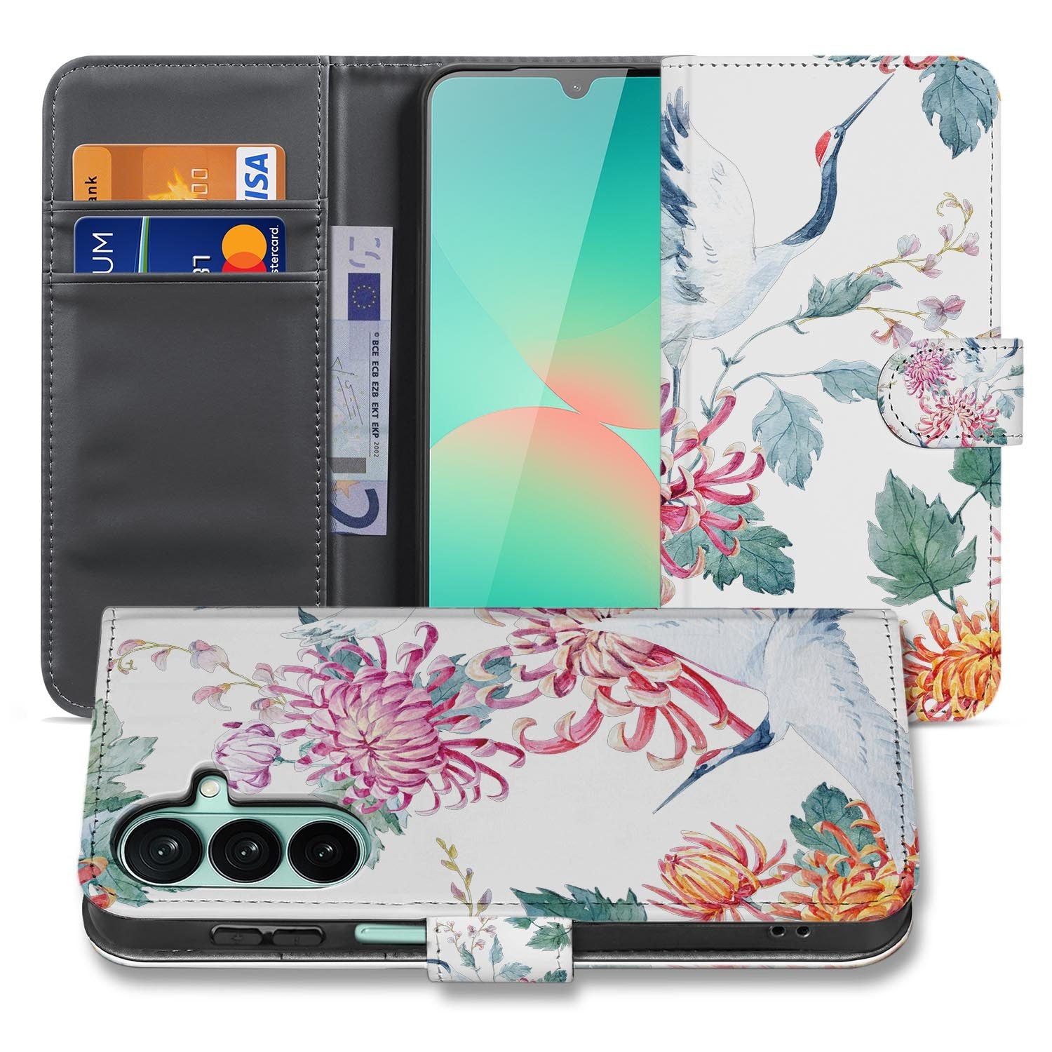 Samsung Galaxy A27 bookcase Bird Flowers, voorkant met gesloten klep