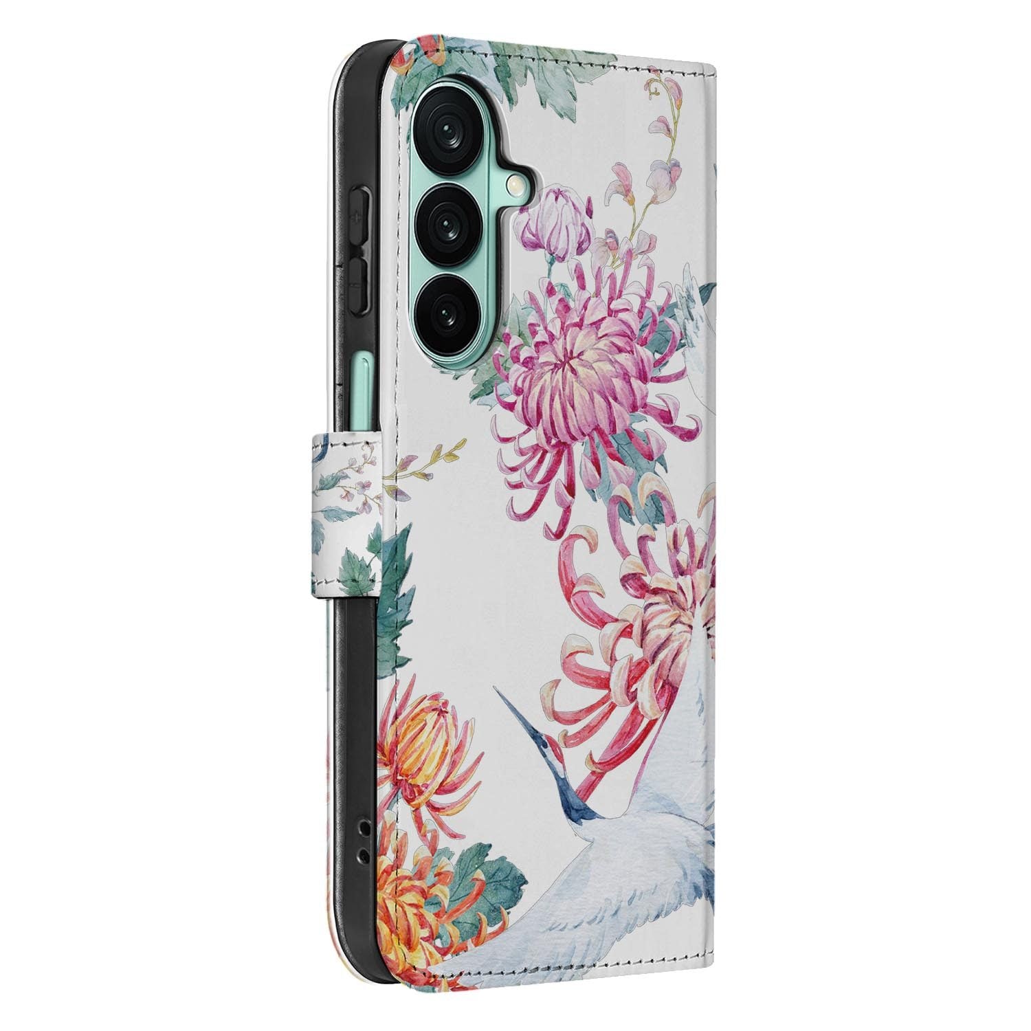 Samsung Galaxy A27 bookcase Bird Flowers, detail van het stiksel