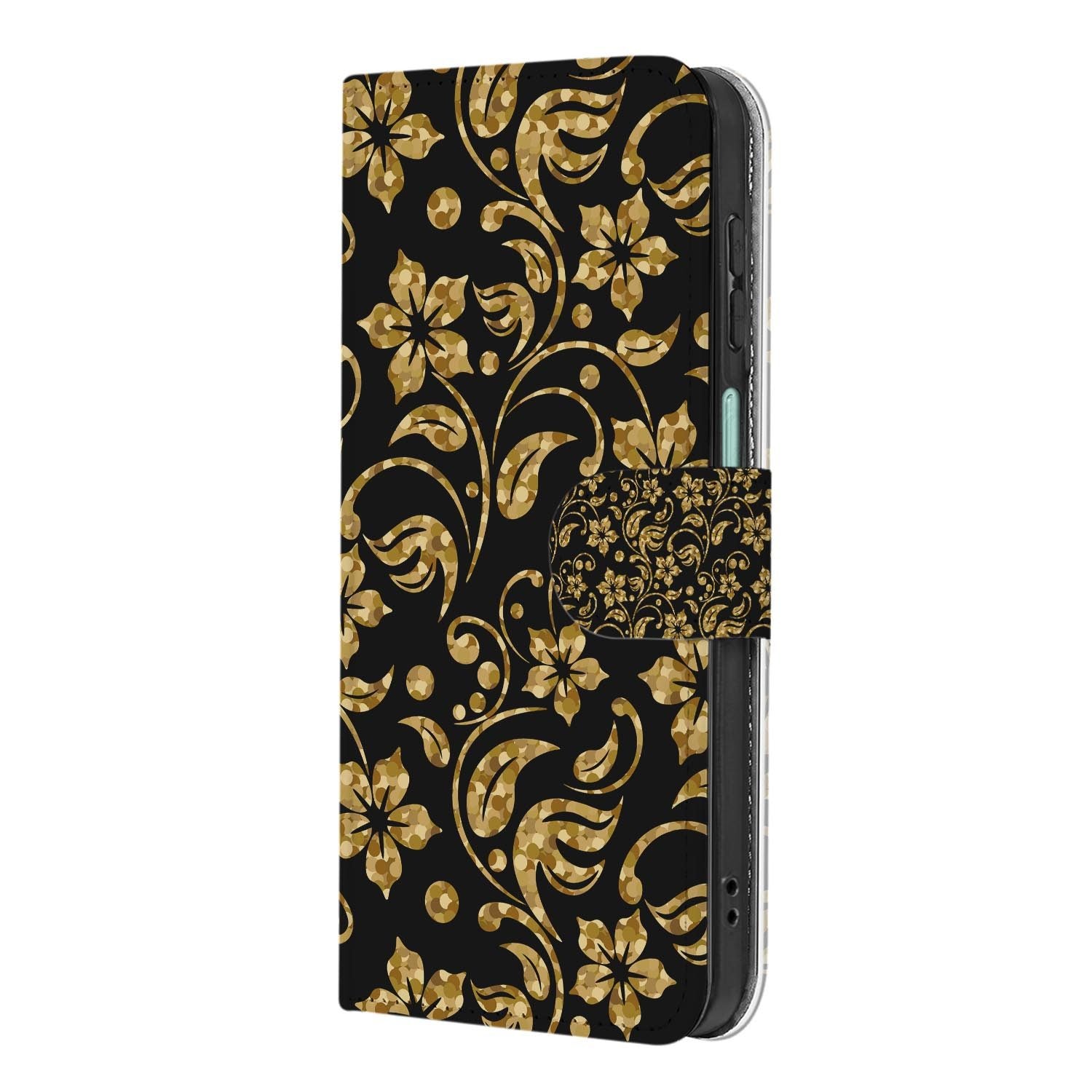 Samsung Galaxy A27 bookcase Gouden Bloemen, achterkant met camera-uitsparing