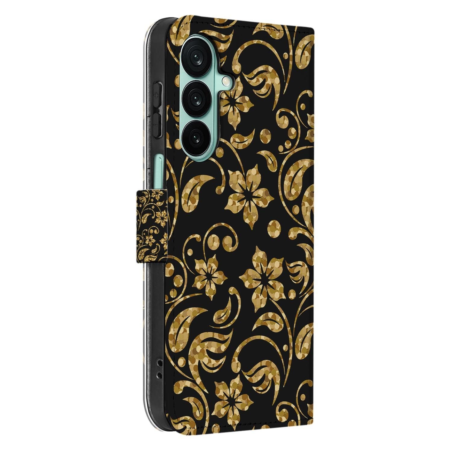 Samsung Galaxy A27 bookcase Gouden Bloemen, detail van het stiksel