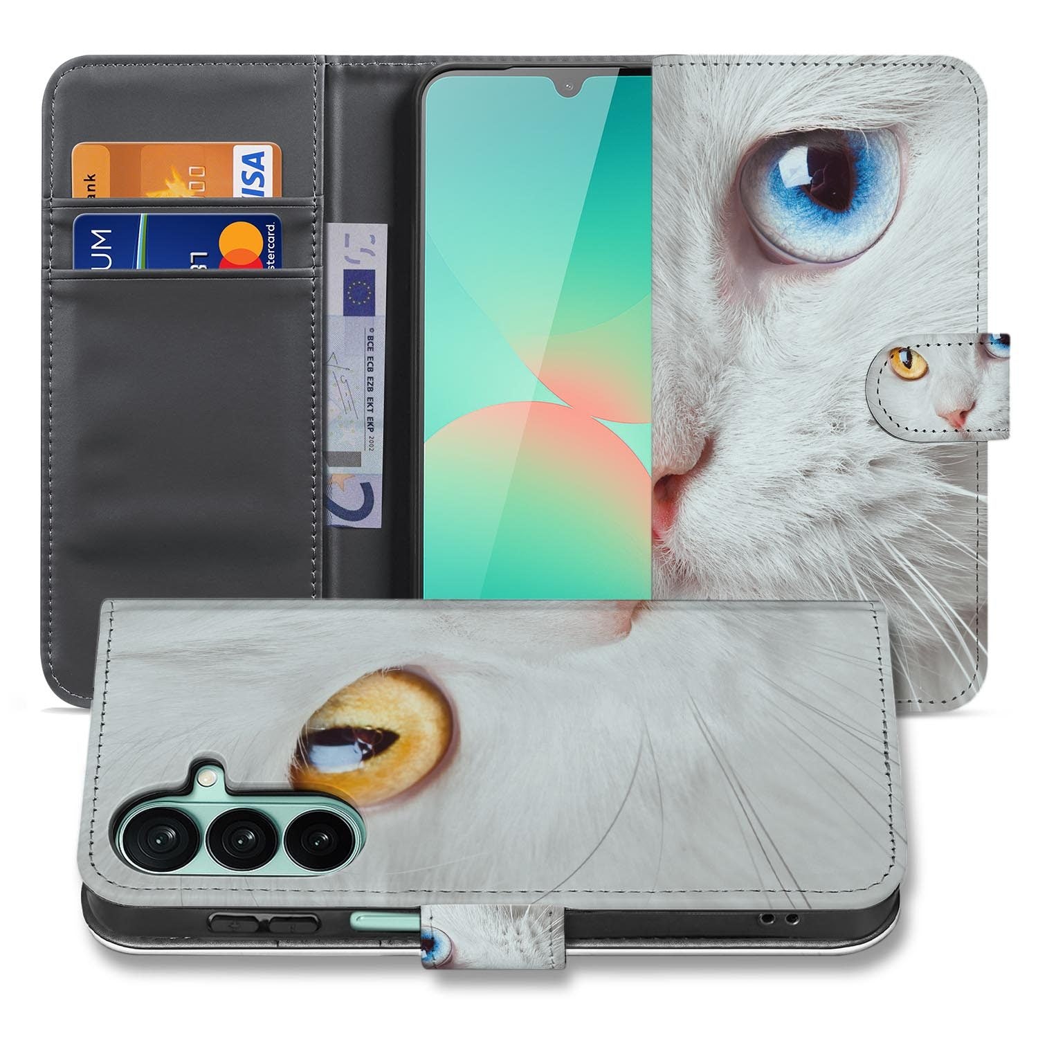 Samsung Galaxy A27 bookcase Witte Kat, voorkant met gesloten klep