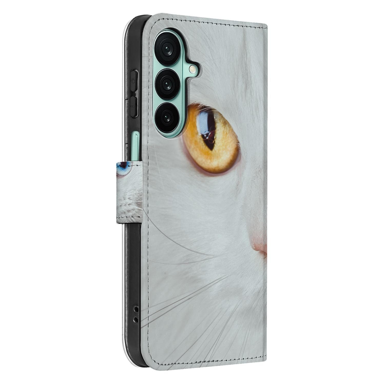Samsung Galaxy A27 bookcase Witte Kat, detail van het stiksel