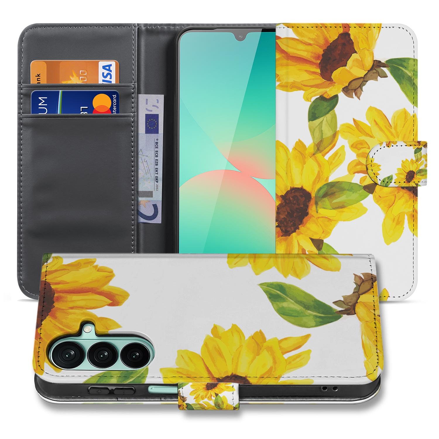 Samsung Galaxy A27 bookcase Zonnebloemen, voorkant met gesloten klep
