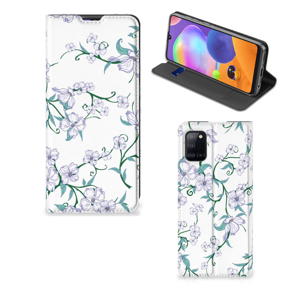 Samsung Galaxy A31 Uniek Smart Cover Blossom White telefoonhoesje bloemen design vooraanzicht en zijaanzicht