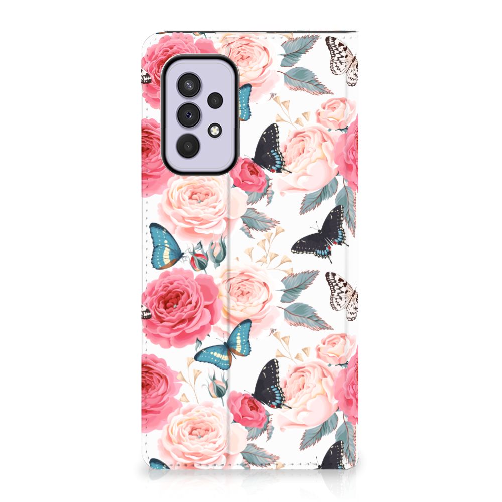 Samsung Galaxy A33 5G Smart Cover Butterfly Roses telefoonhoesje design bloemen vlinders aanzicht