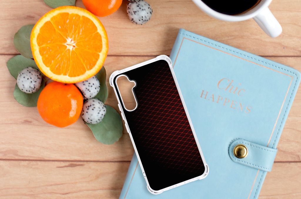 Samsung Galaxy A34 Doorzichtige Silicone Hoesje Geruit Rood achterkant met fruit en notitieboekje