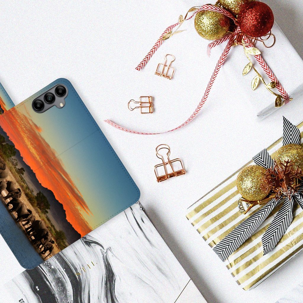Samsung Galaxy A34 Telefoonhoesje met Pasjes Olifanten ontwerp olifanten zonsondergang boven aanzicht