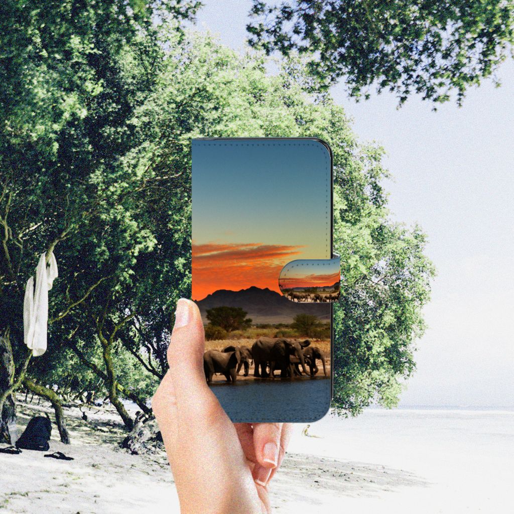 Samsung Galaxy A34 Telefoonhoesje met Pasjes Olifanten olifanten silhouet natuur kleurrijke lucht hand