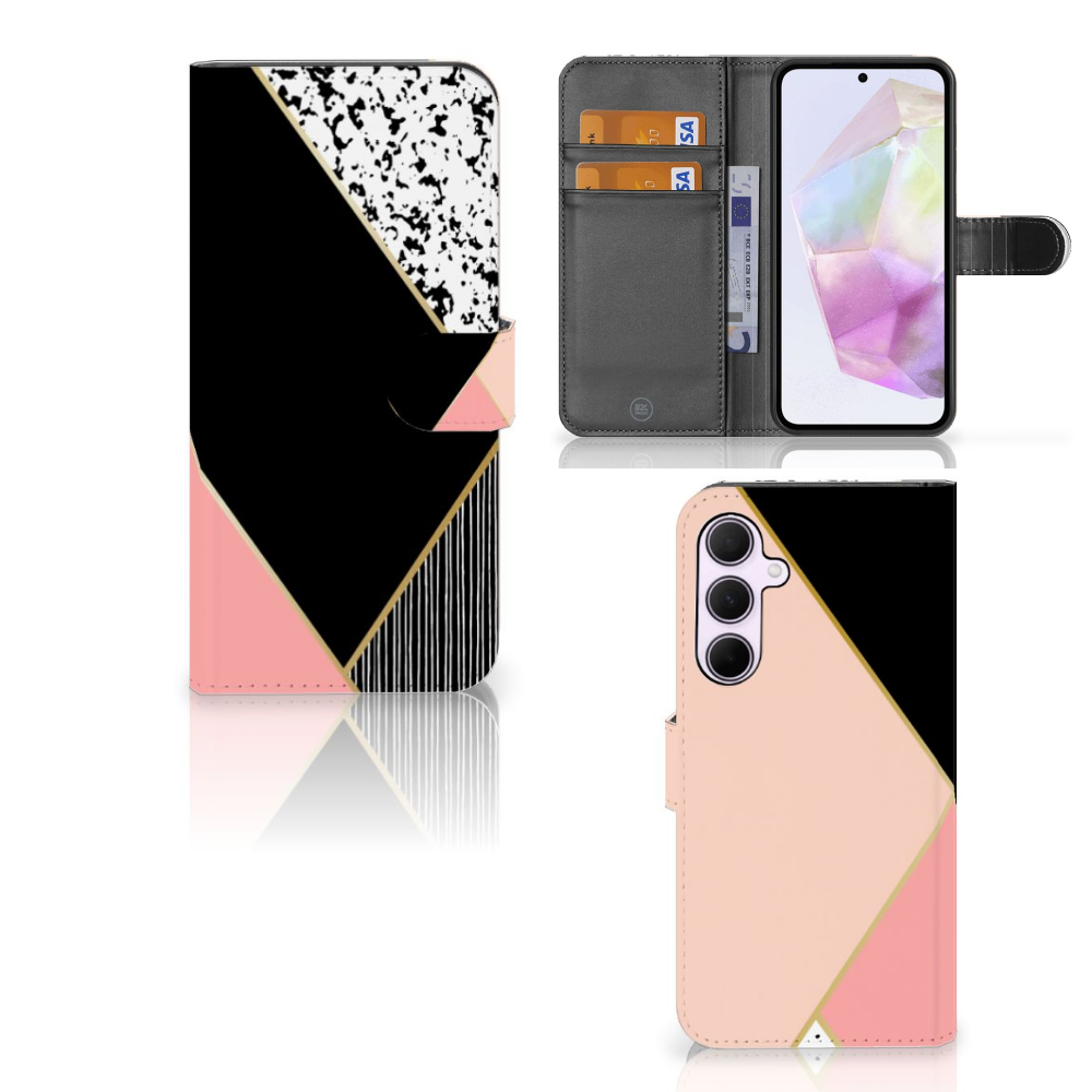Samsung Galaxy A35 Book Case Zwart Roze Vormen Bookcase geometrisch zwart roze design aanzicht