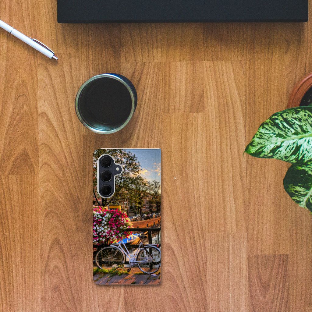 Samsung Galaxy A35 Book Cover Amsterdamse Grachten fiets bloemen boven